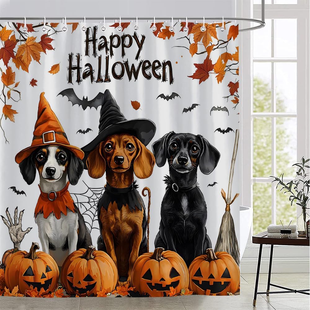 Happy Halloween Dog Shower Curtain Funny Dogs Witch Pumpkin Bats Autumn Maple Leaves Horror Ghost Witchcraft Cute Animal Bathroom Decor Set Polyester Fabric with Hooks 70X88 Inch