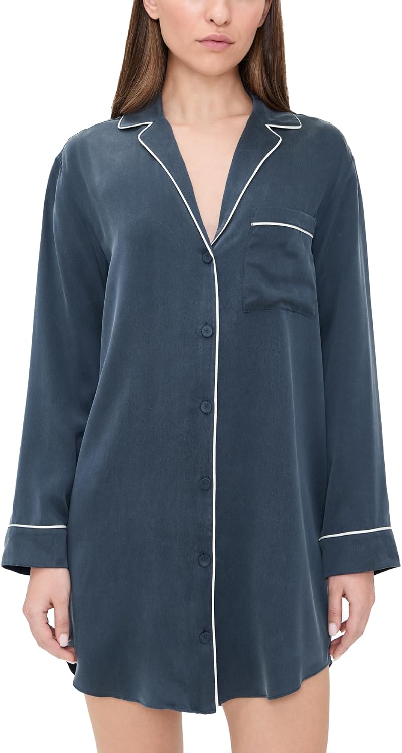 Lunya Women's Long Sleeve Button Down Silk Shirt Dress