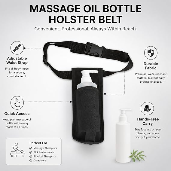 Massage Bottle Holster Durable Waist Pack, Single Bottle Holster Kit, Adjustable Strap,Heavy Duty Essential Oil Dispenser for Massage Practitioners (Black)