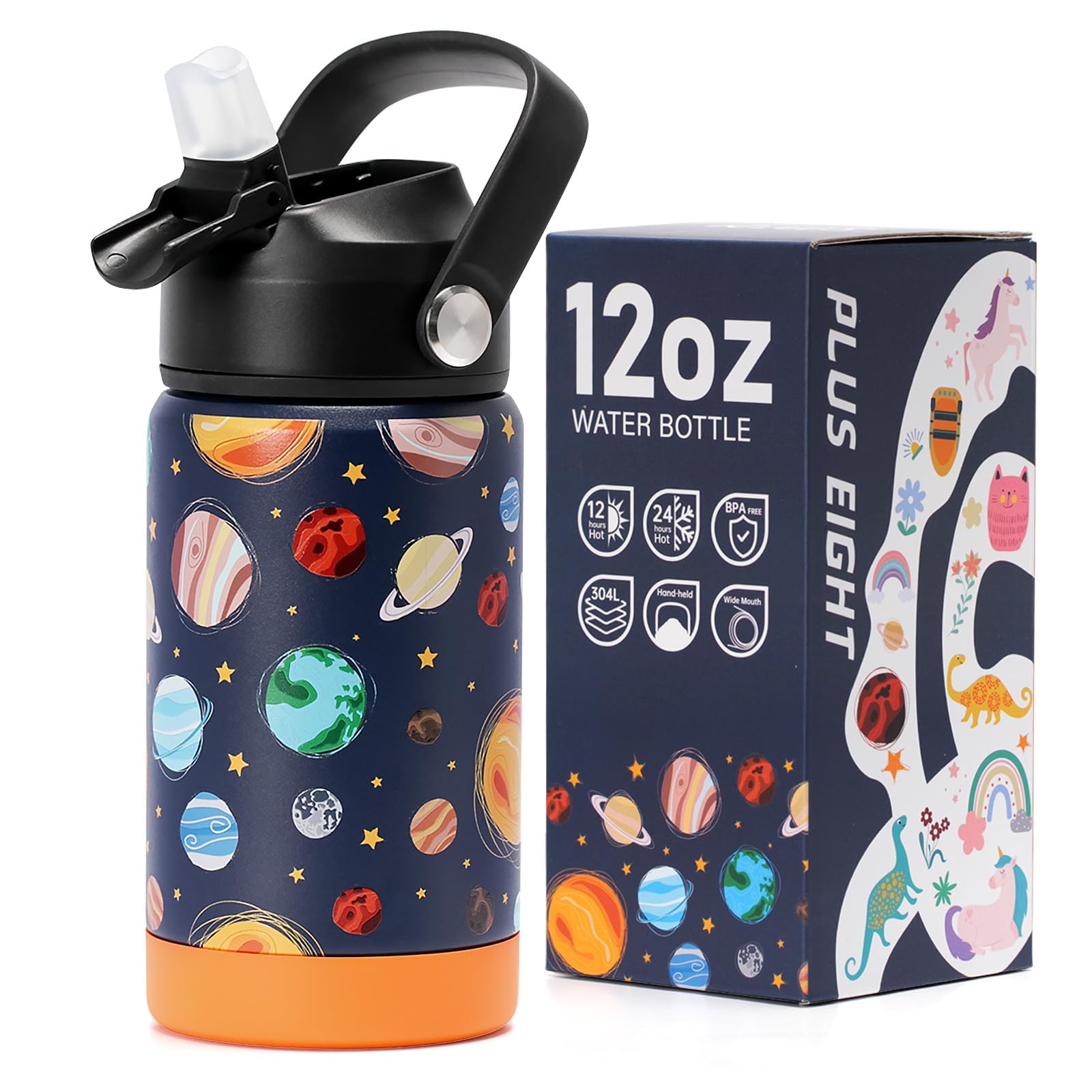 pluseight Kids Insulated Water Bottle with Straw Lid, 12 oz BPA-Free Double Wall Vacuum Tumbler 18/8 Stainless Steel Leak Proof Kids Cups with Straw for School Travel Boys Girls (Planet) — image 1