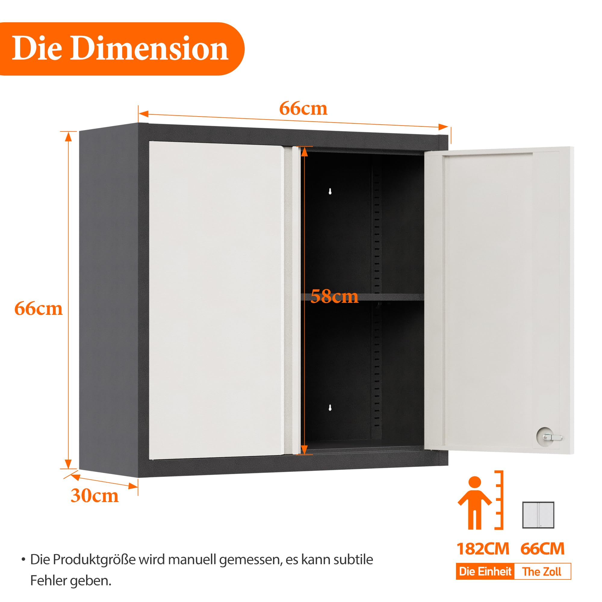 Metall-Wandschrank Werkzeugschrank, mit 1 Höhenverstellbarem Fachboden und 2 Türen, Abschließbarer Edelstahl-Wandschrank, Geeignet für Garage und Werkstatt, Größe: H66 x B66 x T30 cm
