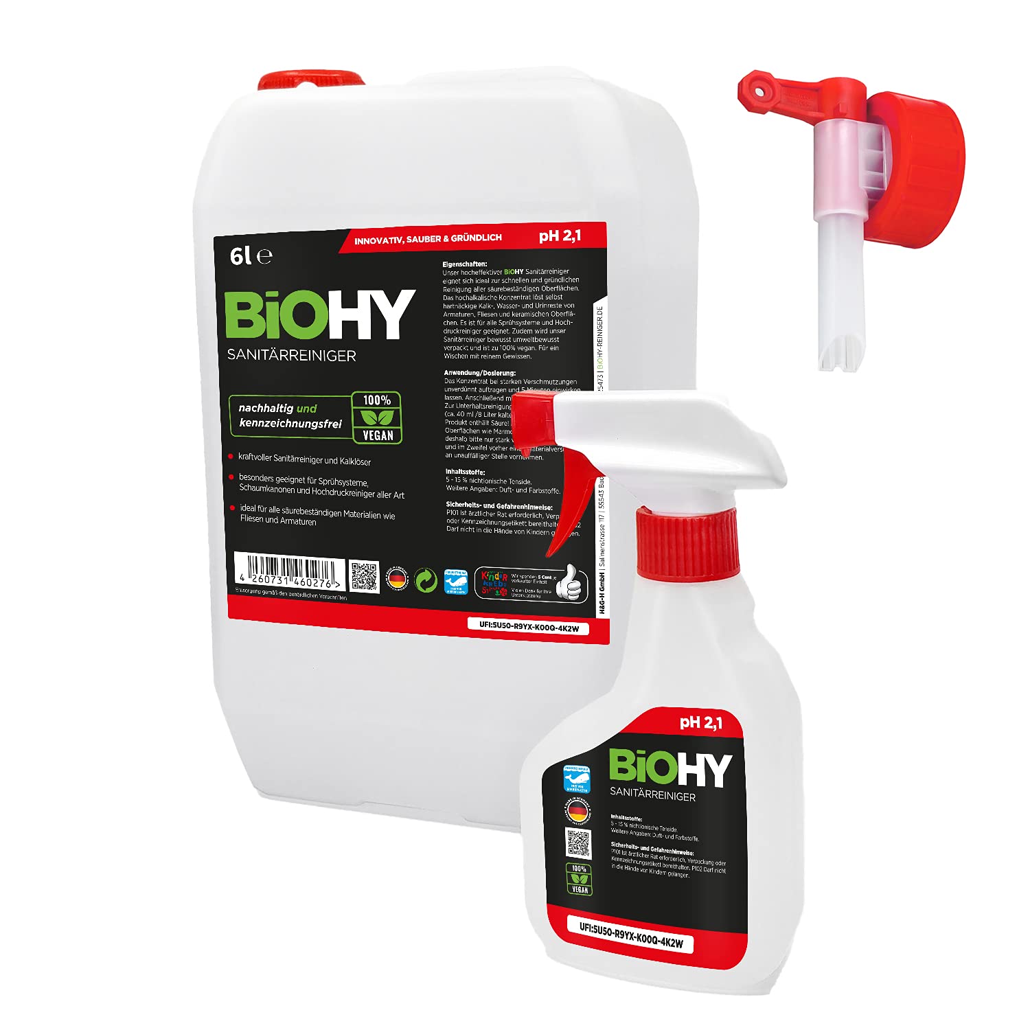 BiOHY Detergente per bagno (Lattina da 6 Litri) + flacone spray e rubinetto | Concentrato decalcificante per ambienti sanitari | profumo gradevole e fresco | EXTRA FORTE (Sanitärreiniger)
