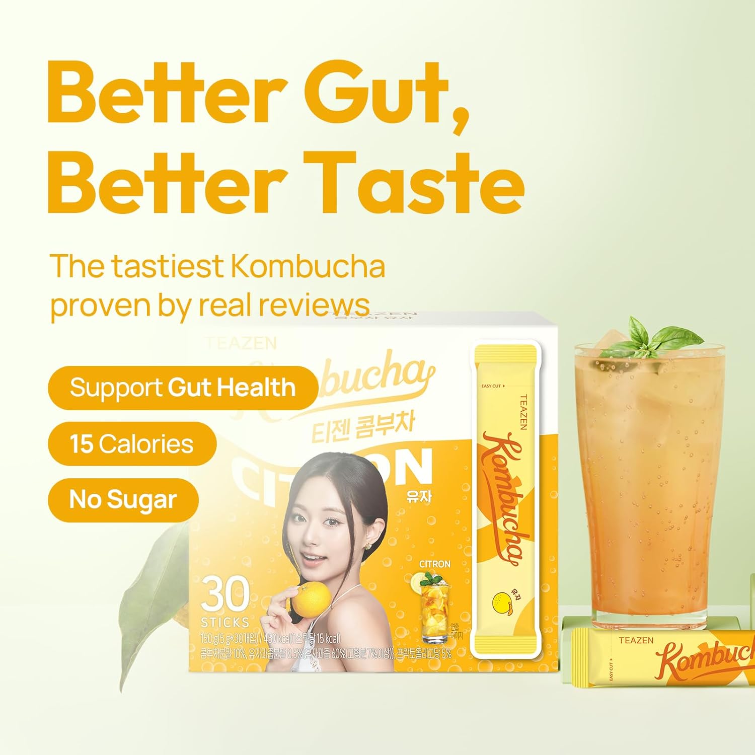 TEAZEN Citron Kombucha Tea, Hydration Drink Mix, Sugar Free, Live Probiotics & Prebiotics, 30 Sticks, 5.29oz