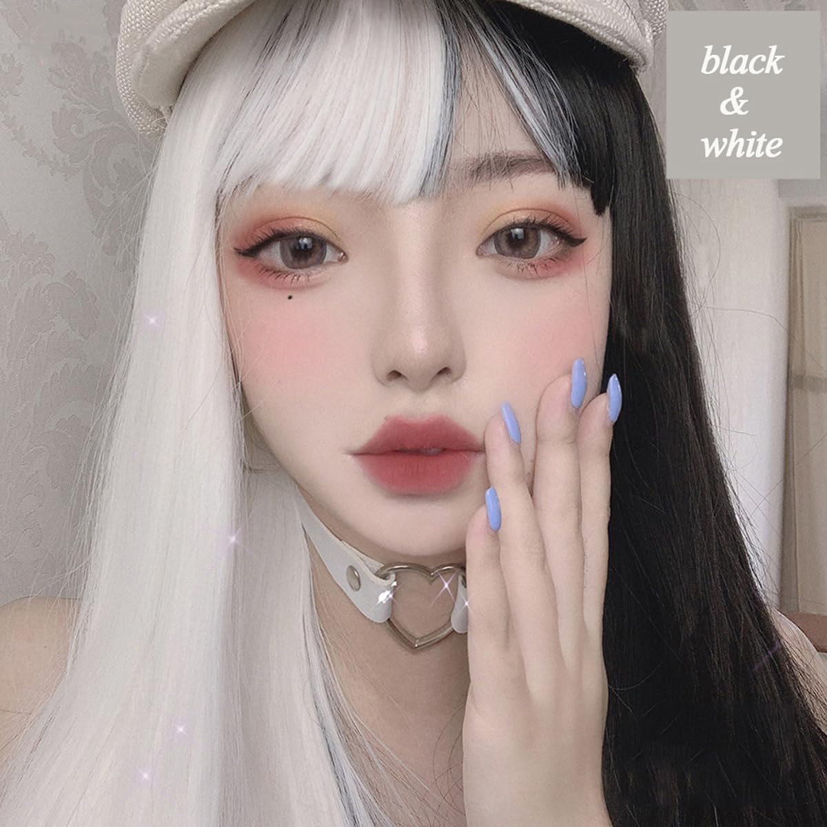 Color Matching High Temperature Silk Wig Headgear Prom High Temperature Wire Women's, Black White, 65cm - Image 4