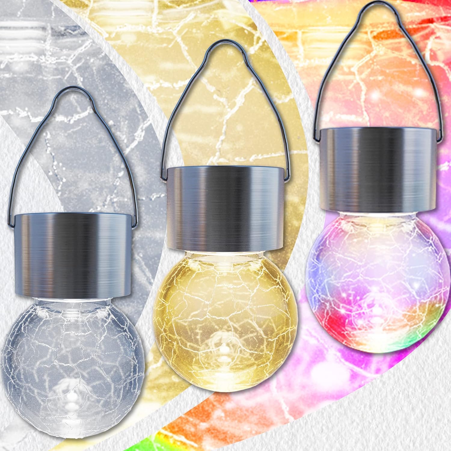GIGALUMI Paquete de 12 luces solares para exteriores, luces solares colgantes para decoración de Navidad, luces solares de vidrio agrietado para exteriores, impermeables, para jardín, patio, valla,