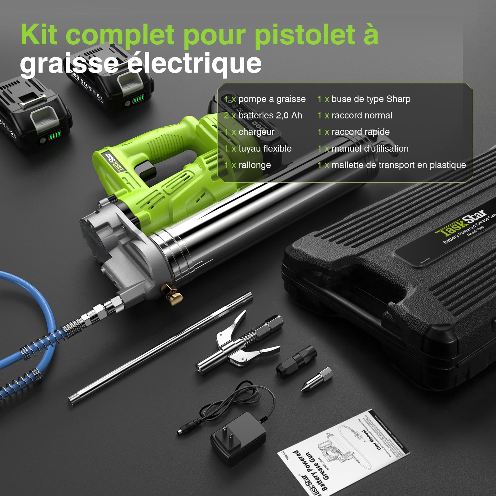 TaskStar Pompe a Graisse Electrique à Haut Rendement: Pompe à Graisse avec 2 * 2.0Ah Batteries, Embout Améliorée, Pistolet à Graisse 10000 PSI pour Les Agriculteurs et Les Propriétaires d'équipement
