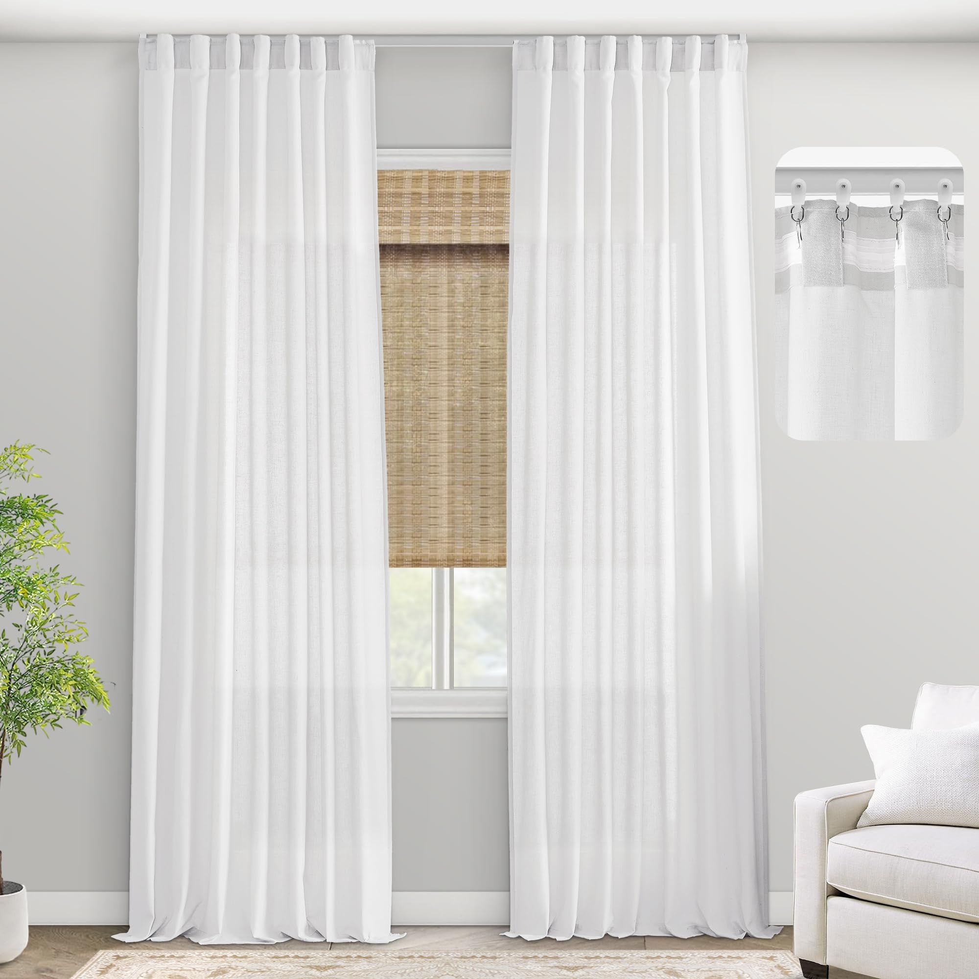 PANELSBURG Ceiling to Floor White 120 Inches Long Curtains for Living Room 2 Panels Set,Back Tab 10 FT Coastal White Linen Semi Sheer High Ceiling Curtain for Large Windows,10 Foot Curtains