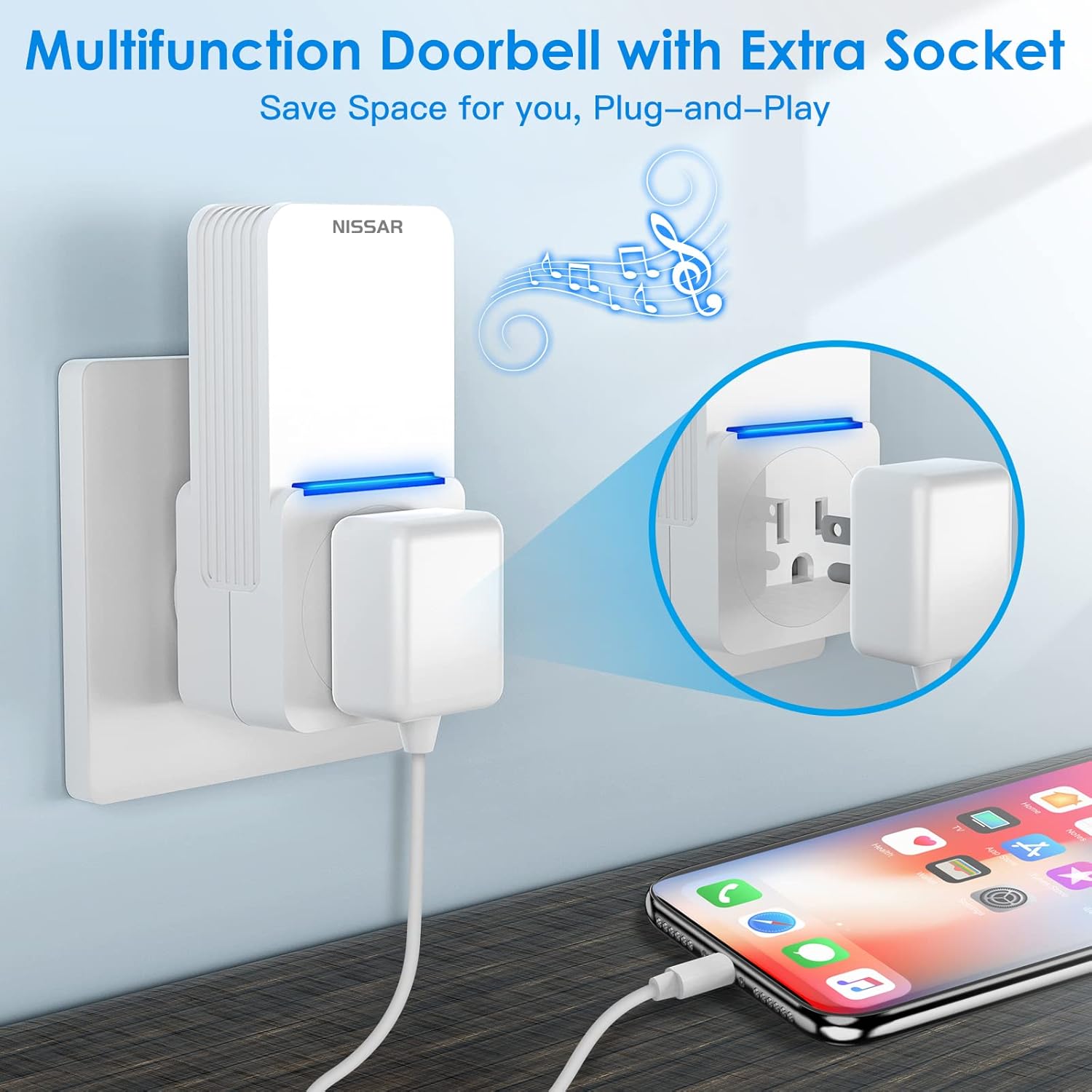 Nissar Wireless Doorbell kit - Wireless Doorbell with Extra Socket Waterproof Cordless Door Chime Ringer Button, Up to 1000ft Range with 38 Chimes, 5-Level Volume & LED Light (White) - - 