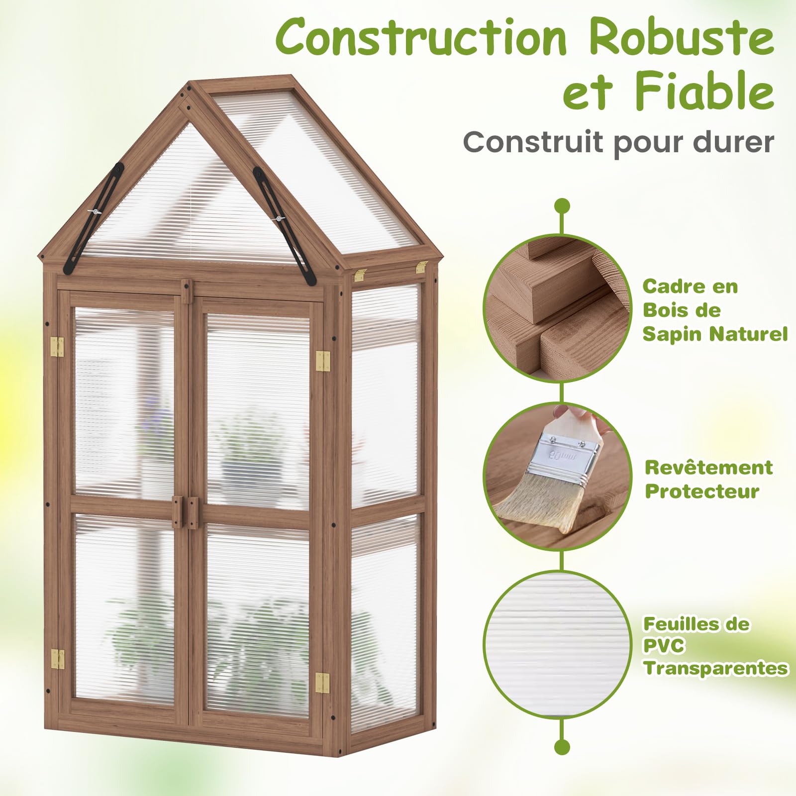COSTWAY Serre de Jardin à 3 Niveaux en Bois de Sapin, 2 Porte Toit Ouvrant avec Étagères Réglables, Serre à Tomates Protection Transparente en Polycarbonate, 71x41x133cm, Brun