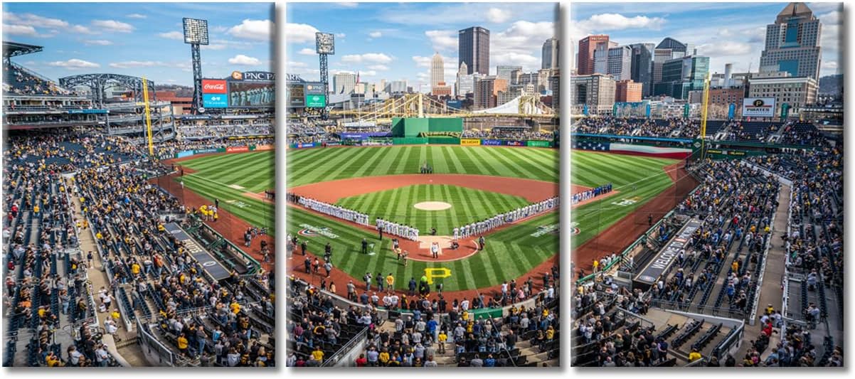 TUMOVO 3 Pieces PNC Park Canvas Wall Art for Living Room Pittsburgh Baseball Stadium Modern Home Decor HD Printed Posters City Skyline Artwork for Bedroom Office Pictures Ready to Hang, 36" Wx16 H