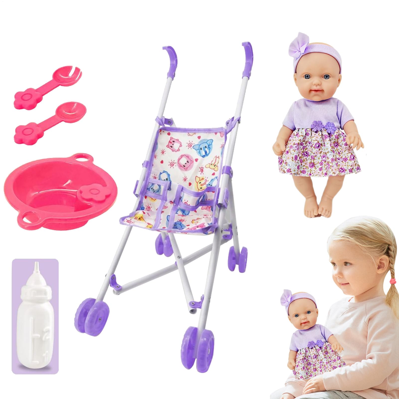 Cochecito - Accesorios para bebé Juego Realista, Juego de muñecas de 10 Pulgadas, de imitación Infantil | Kit s para niña niño 3+ años Juego rol