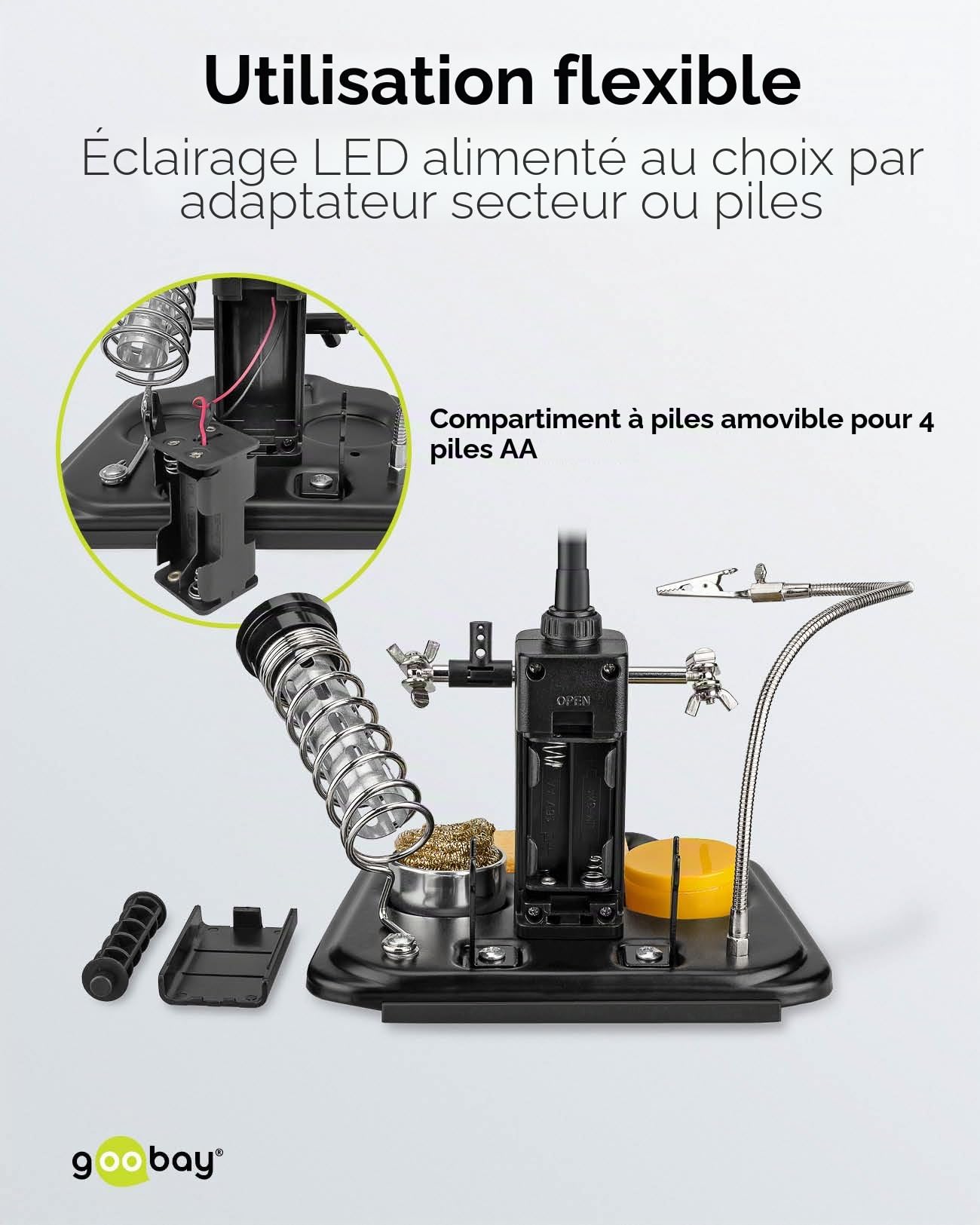 Fixpoint goobay 45241 Aide au soudage avec lampe LED/Pince crocodile col de cygne Loupe avec lampe LED/loupe grossissante 3x / support de fer à souder intégré, éponge et laine de nettoyage / 1 pièce