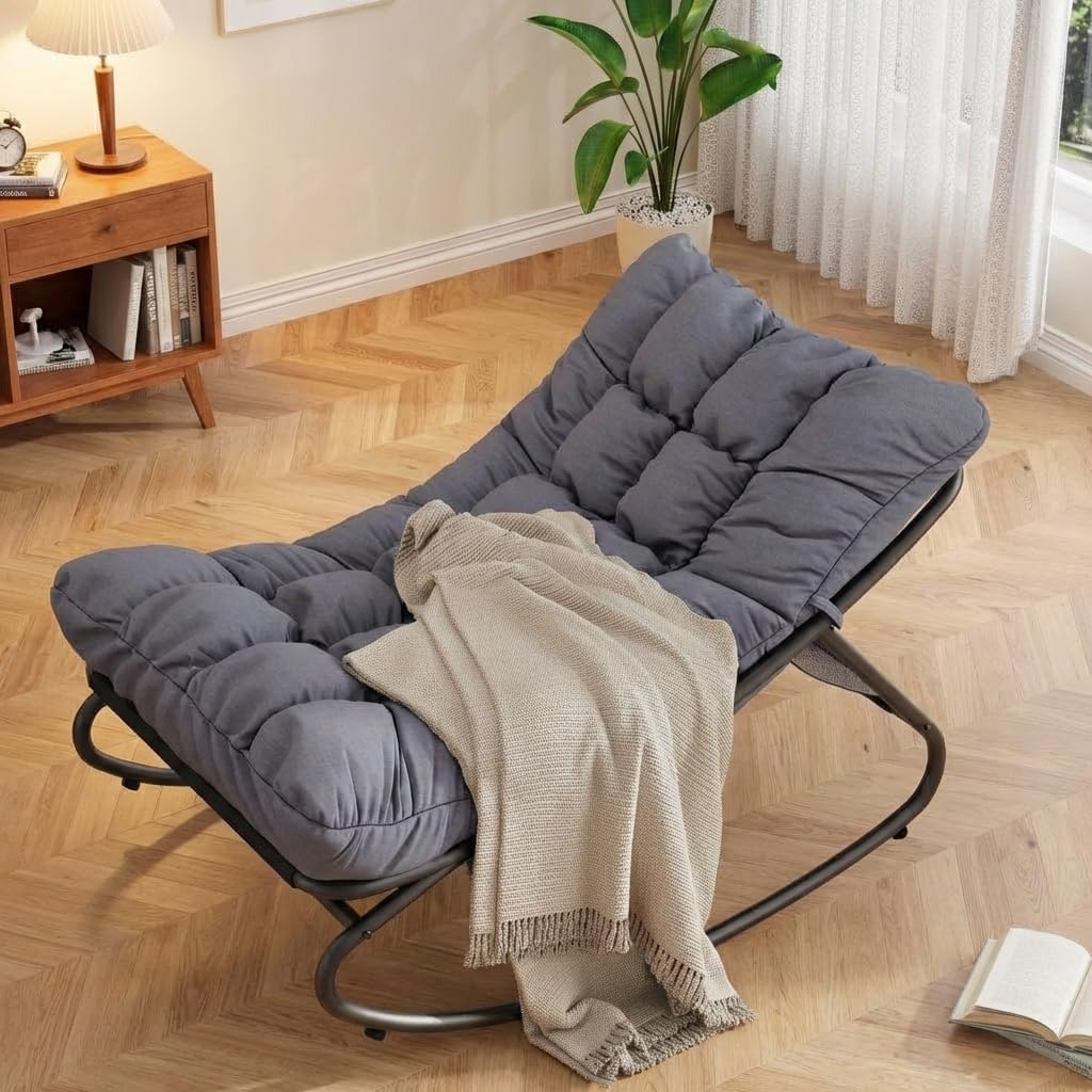 Outdoor Papasan Rocking Chair, Oversized Metal Frame Egg Rocker with Thick Waterproof Cushion, 450 lbs, Comfy Lounge for Patio, Porch, Garden, Living Room, Dark Gray