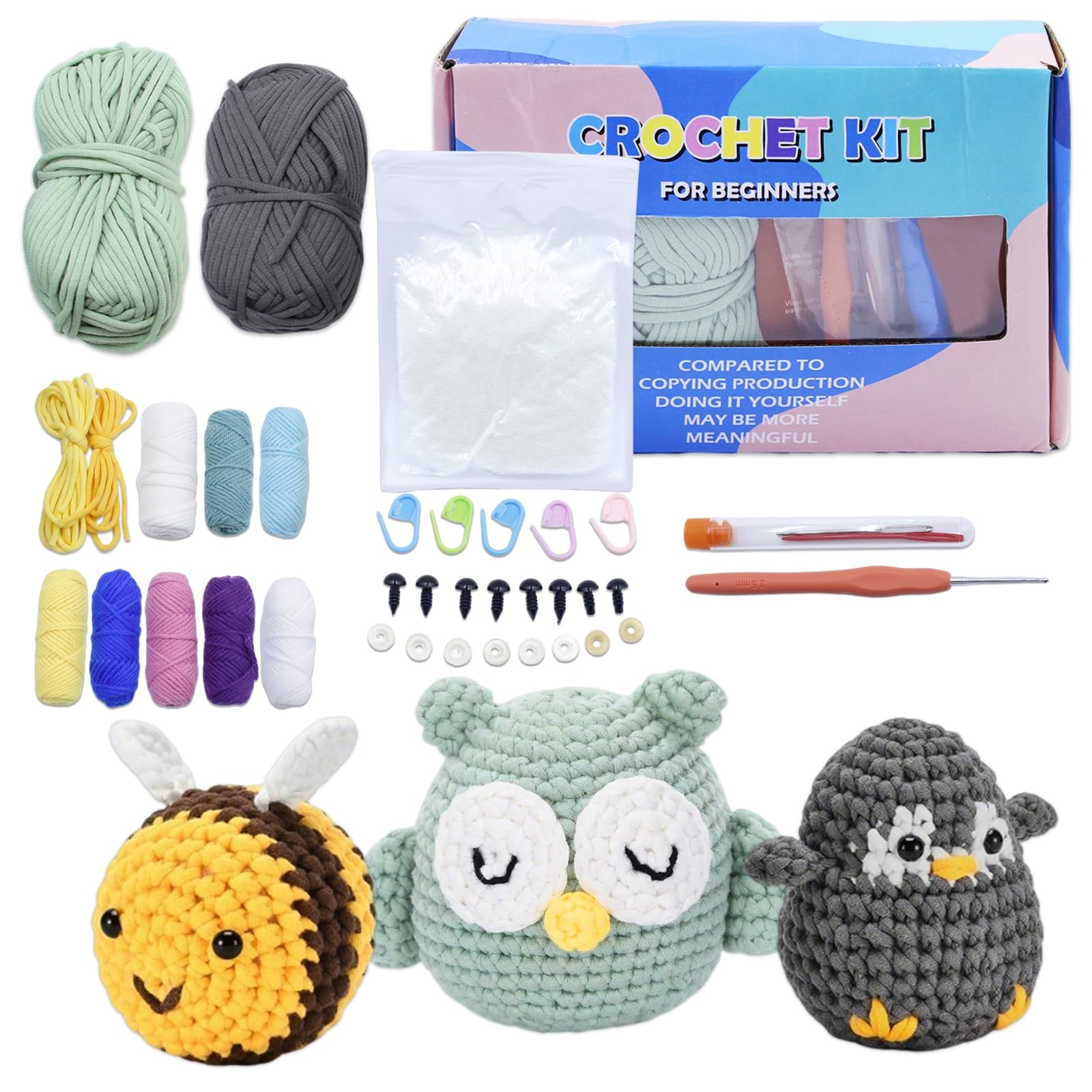 Sythrix 3 Animal 3Pcs Crochet Kit For Beginners, Mini Animal Crochet Kit, Beginner Crochet Kit For Adults-Penguin/Bee/Owl Crochet Starter Kit Step-By-Step Video Tutorials For Christmas Birthday (3 Animal)