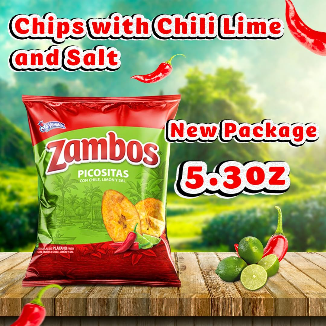 Zambos Plantain Chips: Spicy with Chili,Lime and Salt (Tajaditas de Plátano con Chile + Limón y Sal) Crunchy with spicy taste that many like | Salvajes del Trópico | 5.46 ounces (155grams) 12 pack