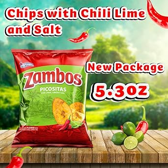 Zambos Plantain Chips: Spicy with Chili,Lime and Salt (Tajaditas de Platano con Chile + Limon y Sal) Crunchy with spicy taste that many like | Salvajes del Tropico | 5.46 ounces (155grams) 12 pack