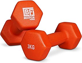 Pair of 3kg Hex Anti Roll Non Slip Neoprene Dumbbell Weights For Exercise, Fitness, Workouts, Lifting with Exercise Chart