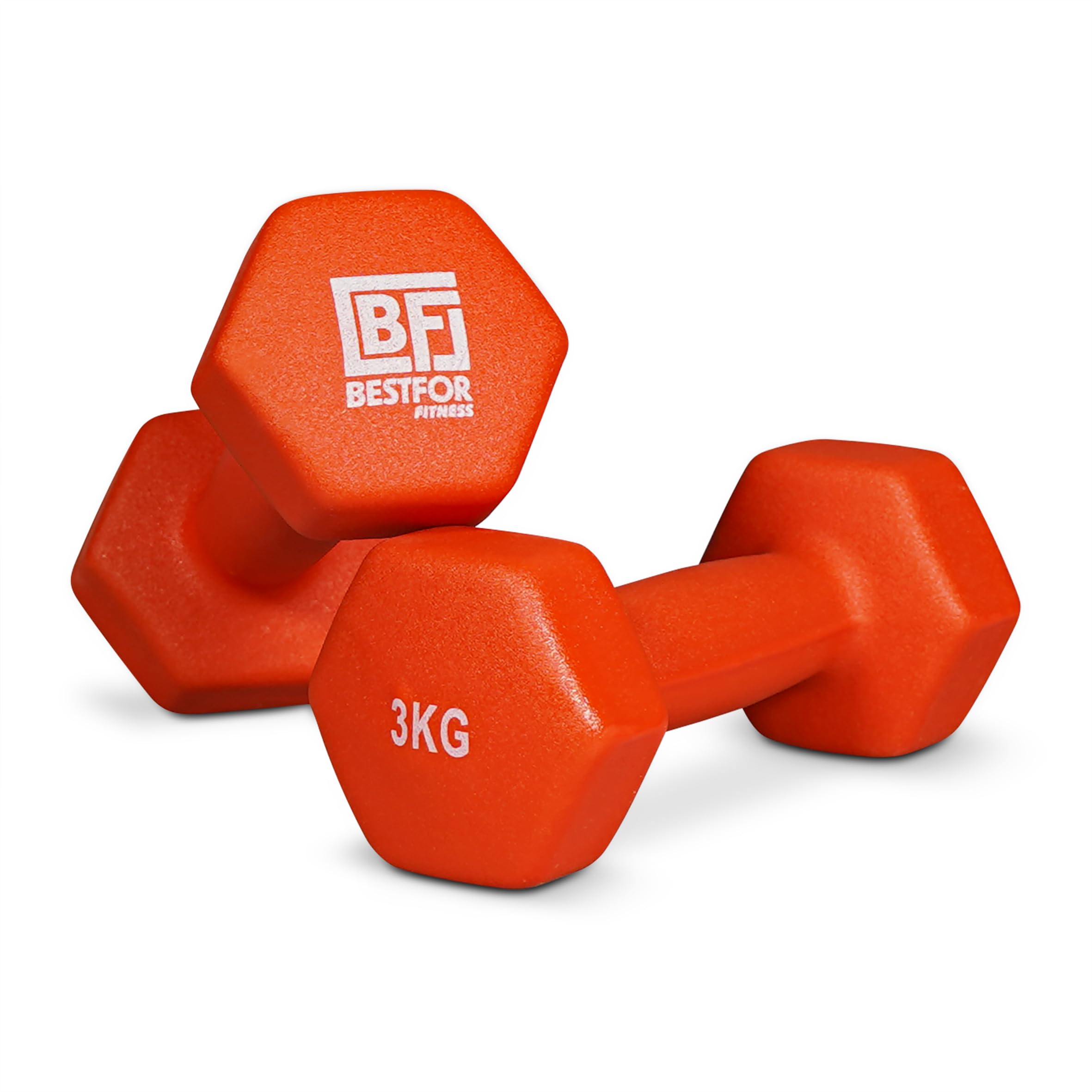 Pair of 3kg Hex Anti Roll Non Slip Neoprene Dumbbell Weights For Exercise, Fitness, Workouts, Lifting with Exercise Chart