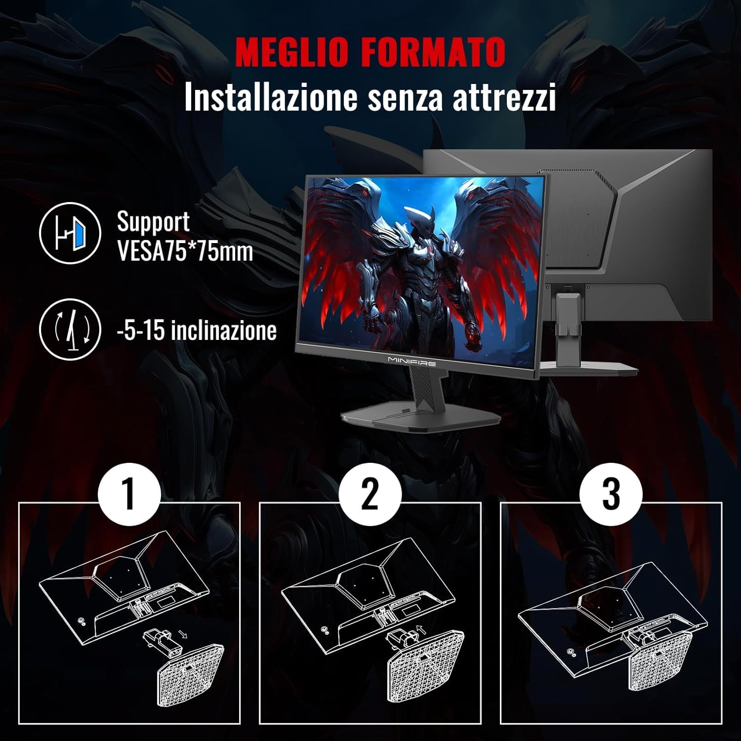 Minifire MFG24F4L Monitor Gaming 24 Pollici 180Hz, Full HD (1920x1080), PC Schermo IPS, 1ms, FreeSync, HDMI 1.4, DisplayPort 1.2, sRGB 110%, 300Nits, VESA, Inclinazione Regolabile, Eye Care
