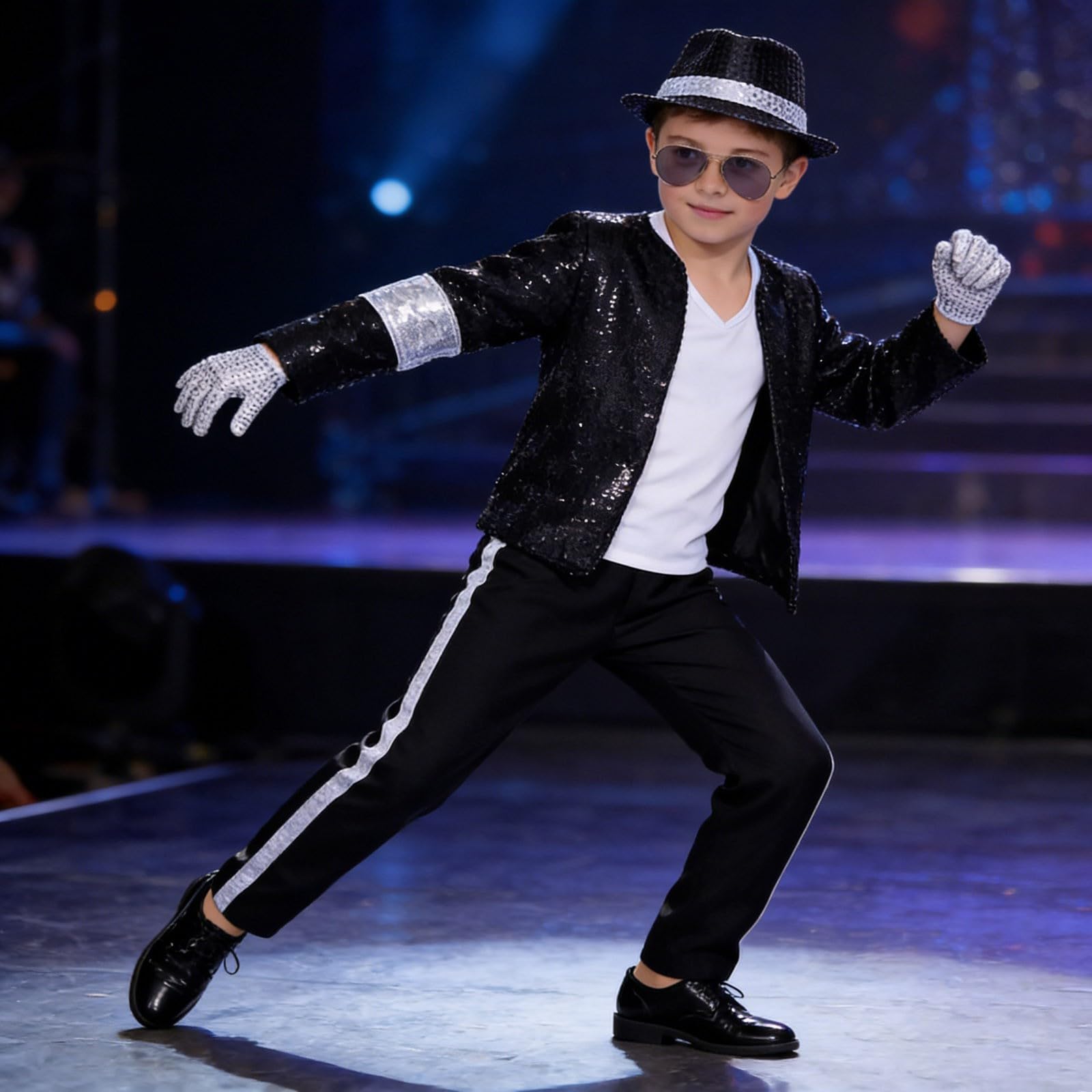 Generico Costume Pop Star Anni '80 '90 per Bambini Ragazzi 3-12 Anni, Set 5 Pezzi con Giacca Nera con Paillettes, Pantaloni, Cappello, Guanto – Spettacoli Halloween