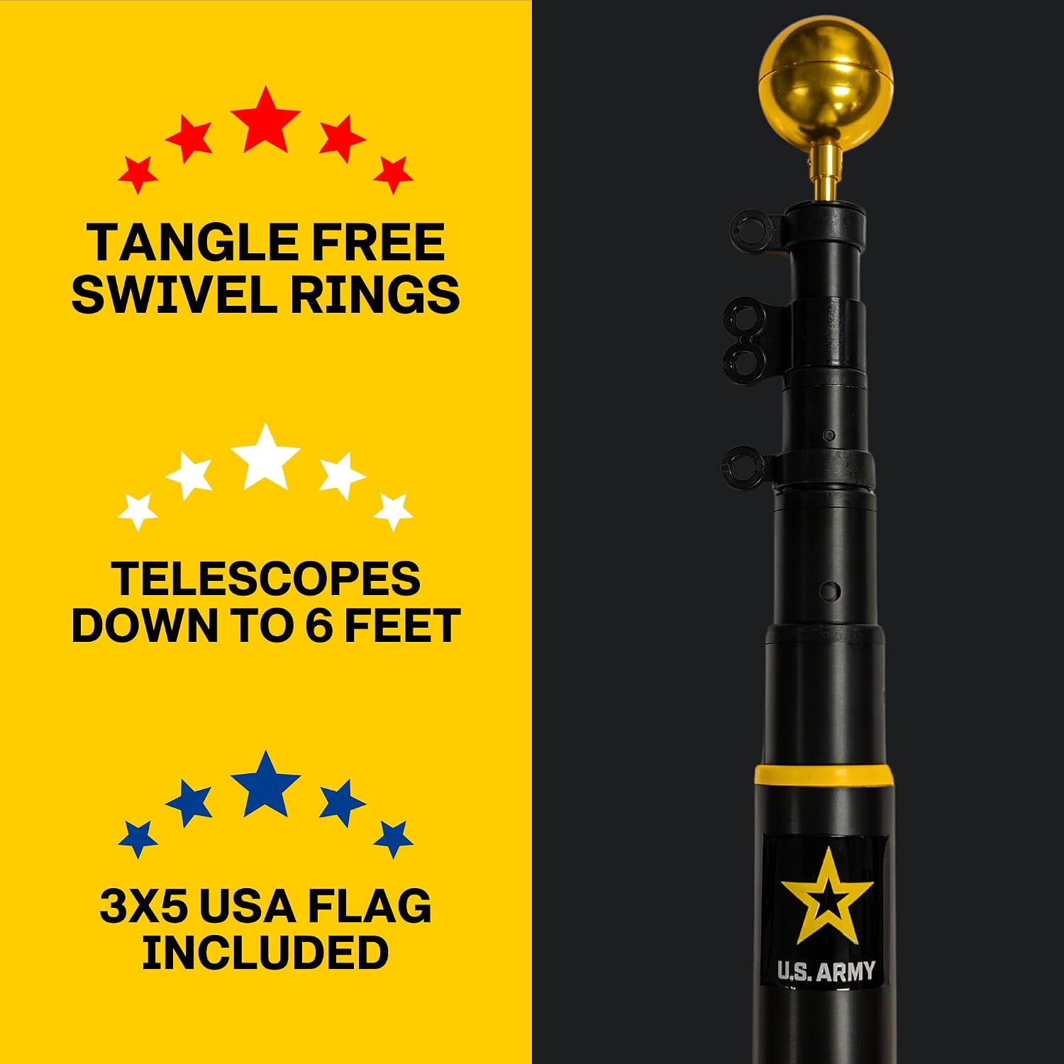 Service First US Army Black 25FT Telescoping Flagpole Kit for Outside House In Ground - Anti Tangle Swivel Ring Design - 100MPH Wind Tested
