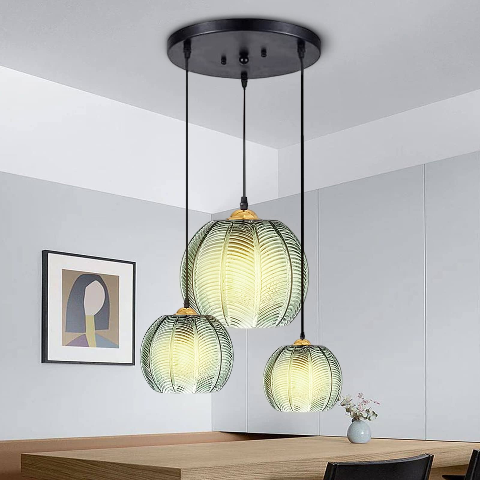Genérico Lámpara De Araña De Cristal Verde, Tres Bombillas E27, Altura Regulable hasta 150 Cm, Estilo Nórdico Moderno, Adecuada para El Comedor Y El Salón (3-Flame)