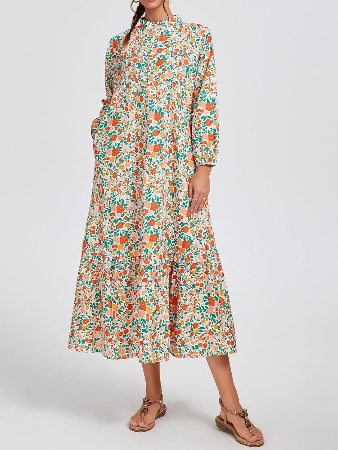 Fall Floral Long Sleeve Maxi Dress for Women Crew Neck Button Down Loose Flowy Boho Dresses 2025 - Image 6