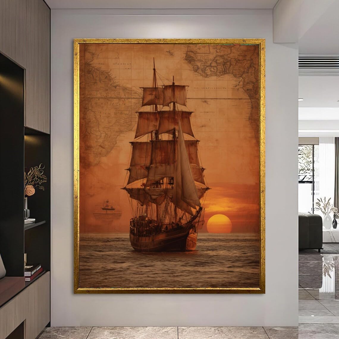 Lienzo con diseño de velero antiguo, mapa antiguo, arte mural marítimo, decoración náutica, escena de puesta de sol en el océano, lienzo con diseño de embarcación histórica (80x120cm/sin marco)