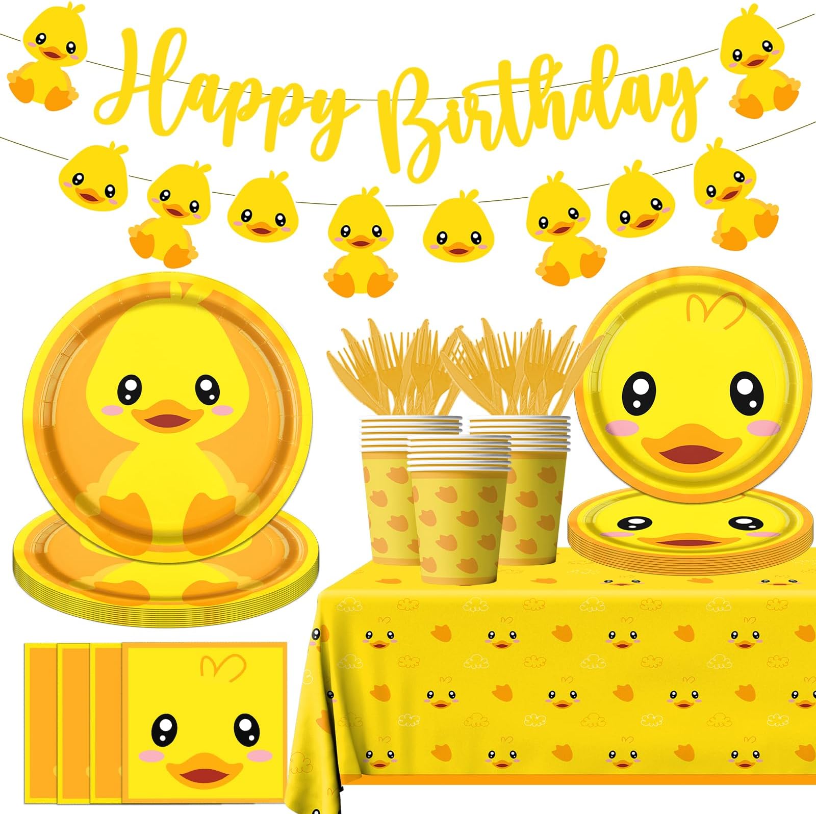 Rubber Duck Party Supplies,Happy Birthday Duckie Tableware Set Duck Plates Yellow Baby Shower Napkins Cups for Waddle It Be Gender Reveal Party,One Lucky Duck Birthday Decorations