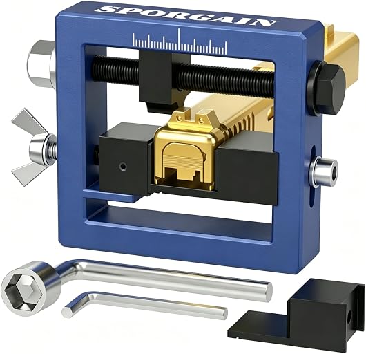 SporGain Sight Pusher Tool for Square Slides, Precision Heavy-Duty Frame | Front & Rear Sight Removal, Installation and Adjustment Tool, with 2 Replaceable Base Plates, Non-Marring Clamp