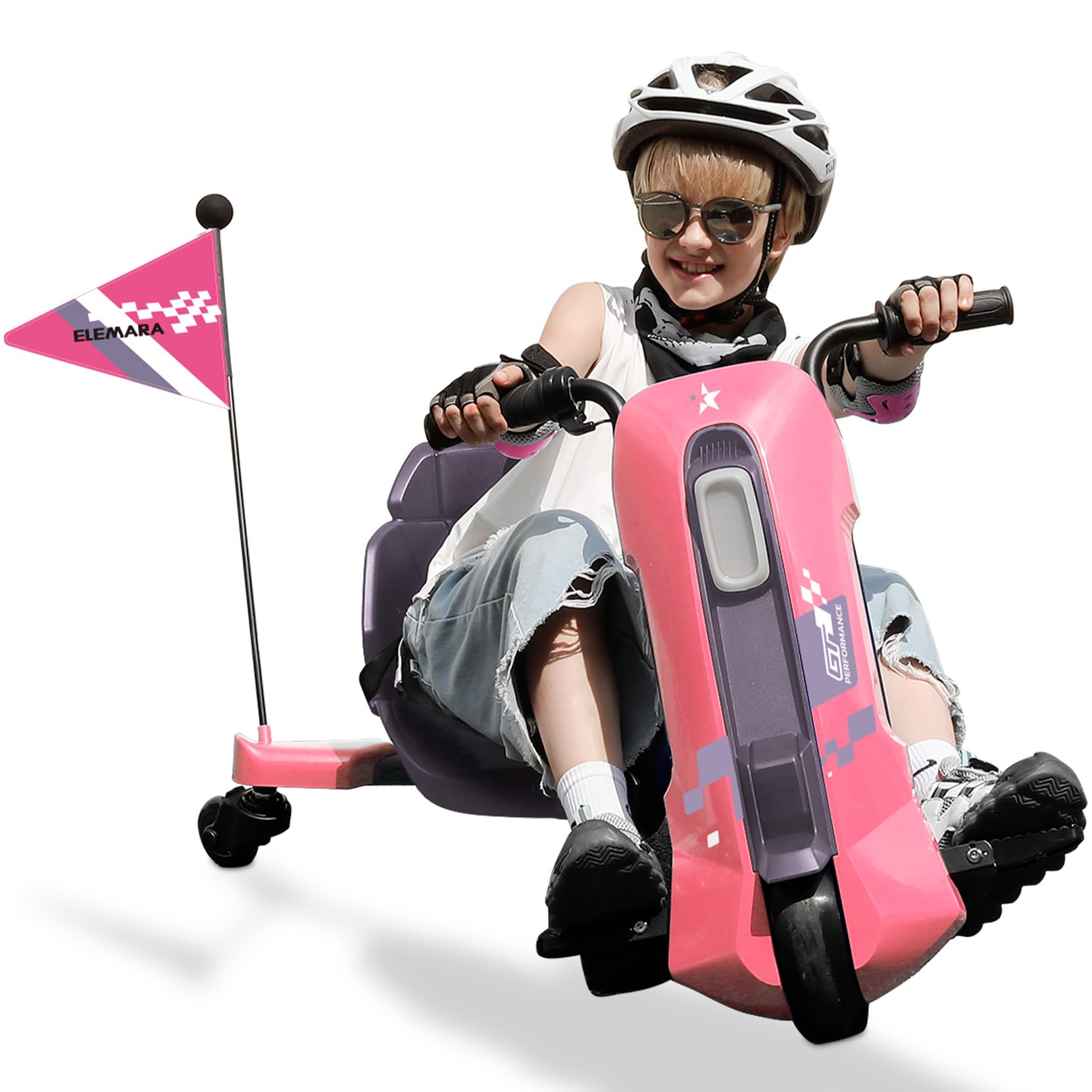 ELEMARA Drift Cart with Stepless Speed,12V Electric Drift Kart with Adjustable Seat,5 MPH Drifting Car with Pennant, Kids Ride On Toy with LED Lights,