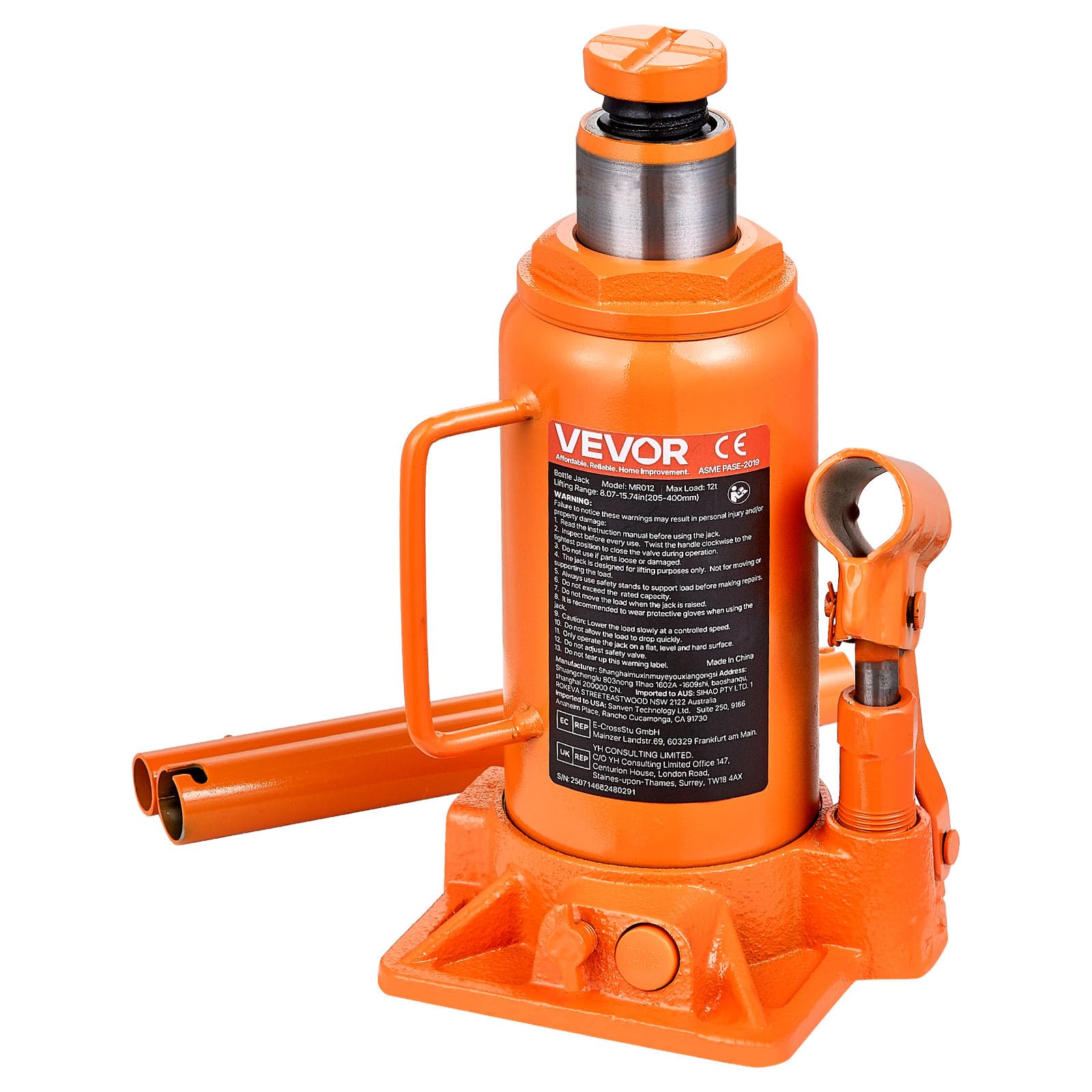 VEVOR Gato Hidráulico de Suelo 12 T, con Alcance de Elevación de 205-400 mm, para Coches, SUV, Camionetas, Talleres Mecánicos, Ascensores Domésticos y Maquinaria Agrícola, Naranja, 128 x 125 x 205 mm
