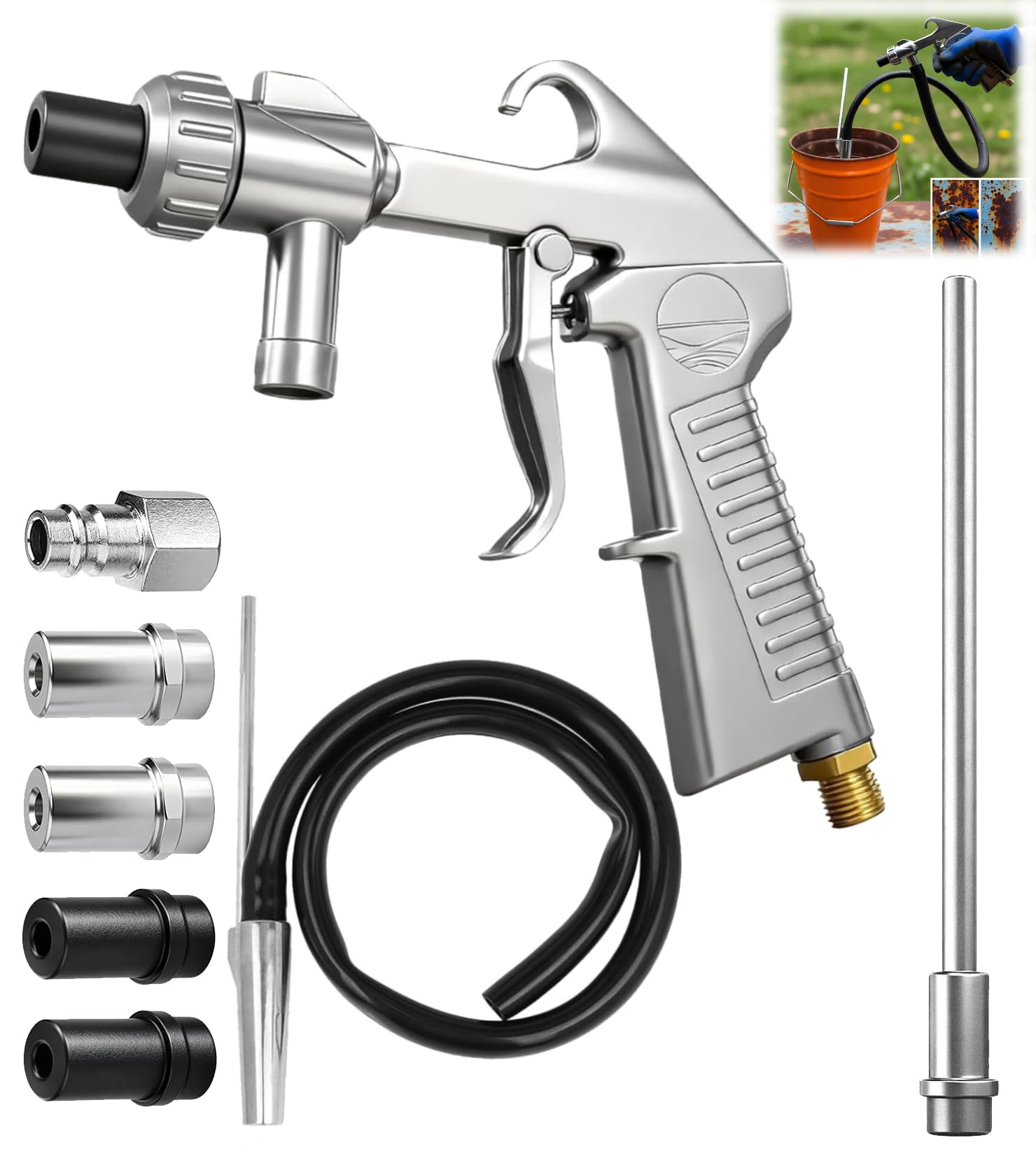 Sandstrahlpistole Druckluft Set, Sandstrahlgeräte mit langer Düse, 5mm/6mm Kaliber, Saugförderer, 1M Gummischlauch, Lufteinlassanschluss, Entfetter und Strahlmittel für Oberflächenbehandlung
