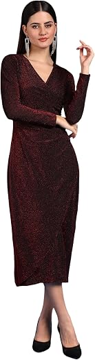 SAFFE Women's Stylish Casual Evening Textured Full Sleeve V-Neck Bodycon Body Fitted Midi Dress, Maroon