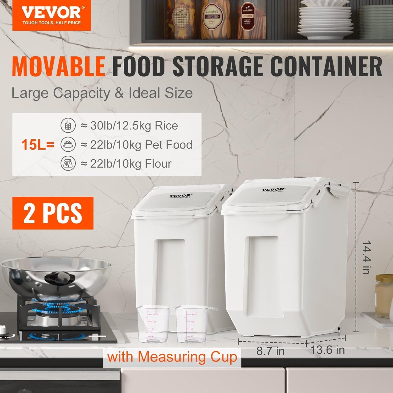 Ingredient Storage Bin, 2 x 15L Dispenser Bin with 2 Measuring Cups, Attachable Casters and Airtight Lid, 2 Pcs/Set Dog Pet Food Storage Container, PP Material Kitchen Rice Cereal Flour Bin