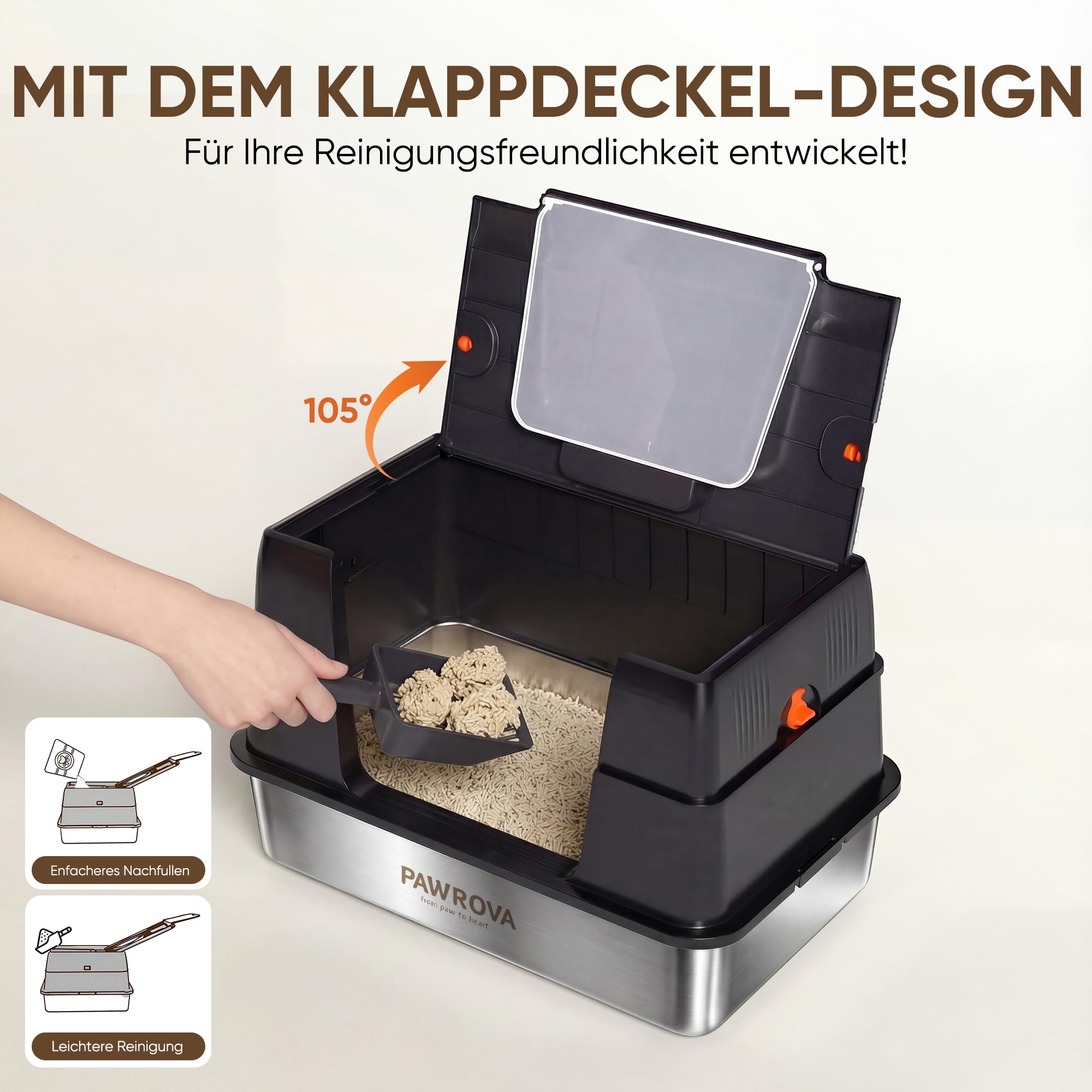 XL Katzenklo aus V2A-Edelstahl mit Klappdeckel, geschlossen | V2A-Edelstahl, rostfrei, geruchsresistent, hoher Rand gegen Urinspritzer, leicht zu reinigen, Schaufel & Matte inklusive