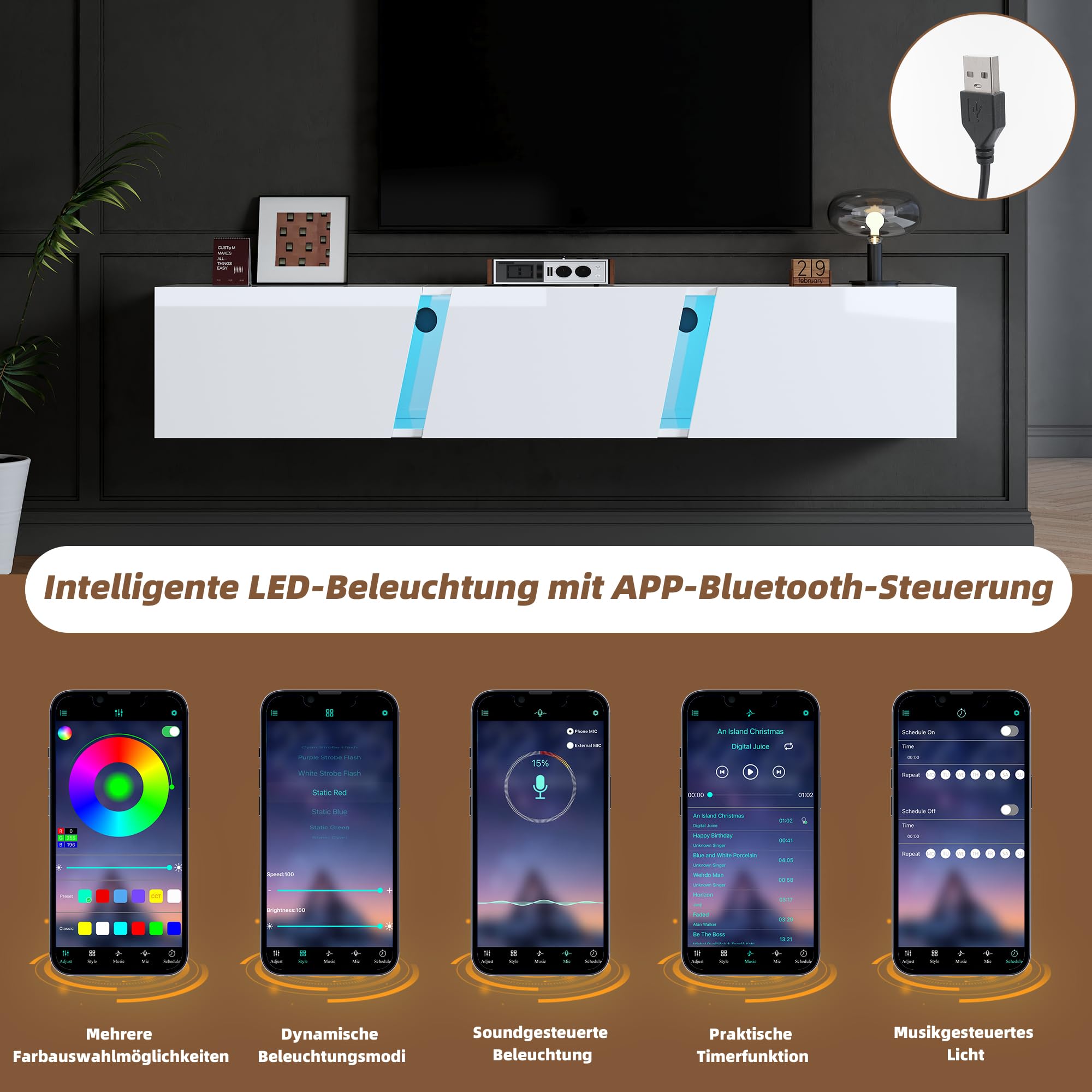 Meuble TV Mural avec lumières LED 3 Portes Lowboard pour téléviseur 75 Pouces Brillant pour Salon Salle à Manger Meubles Bas Blanc