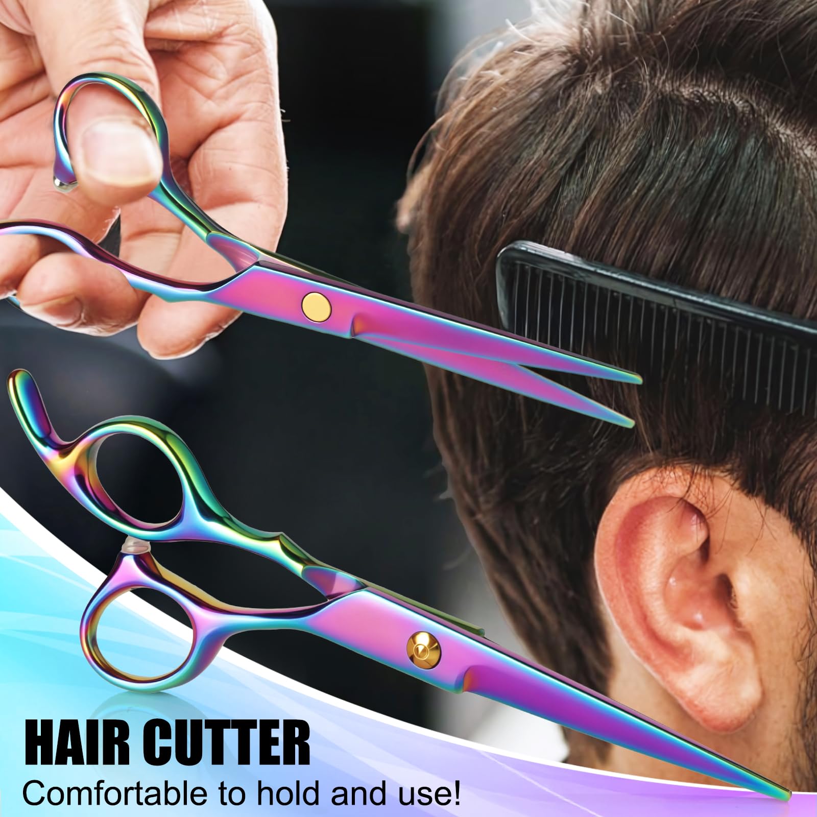 Juego de tijeras de corte de cabello, kit profesional de tijeras de corte de pelo con tijeras de corte para peluquería, salón, hogar, hombres, mujeres, niños, adultos (arcoíris) 7