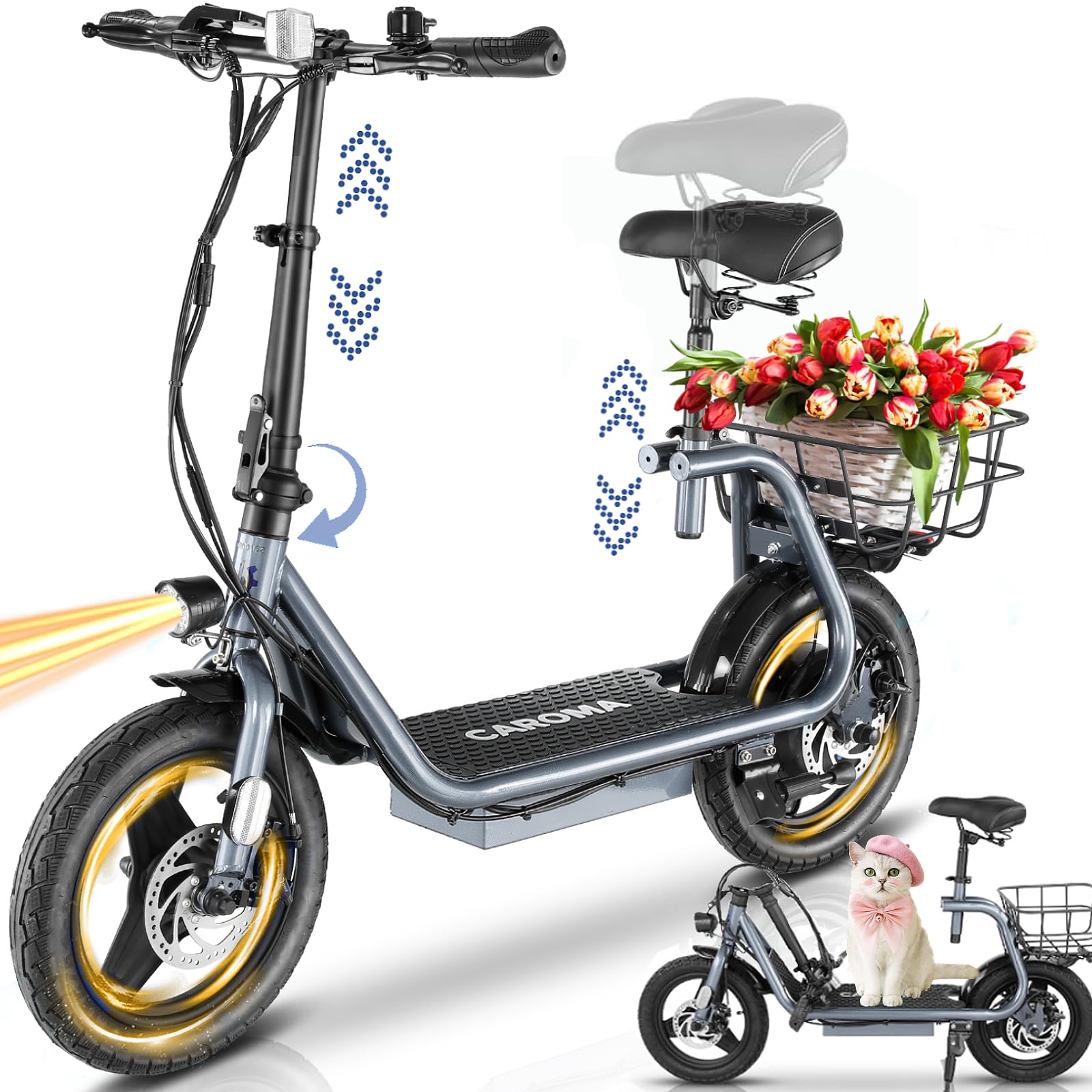 Peak 1200W/800W/500W Electric Scooter with Seat, 14" Tire, Up to 30Miles & 20MPH, Max Load 300LBS, Foldable Electric Scooter Adults, Commuter Ebike for Adults&Teens, Dual Braking System
