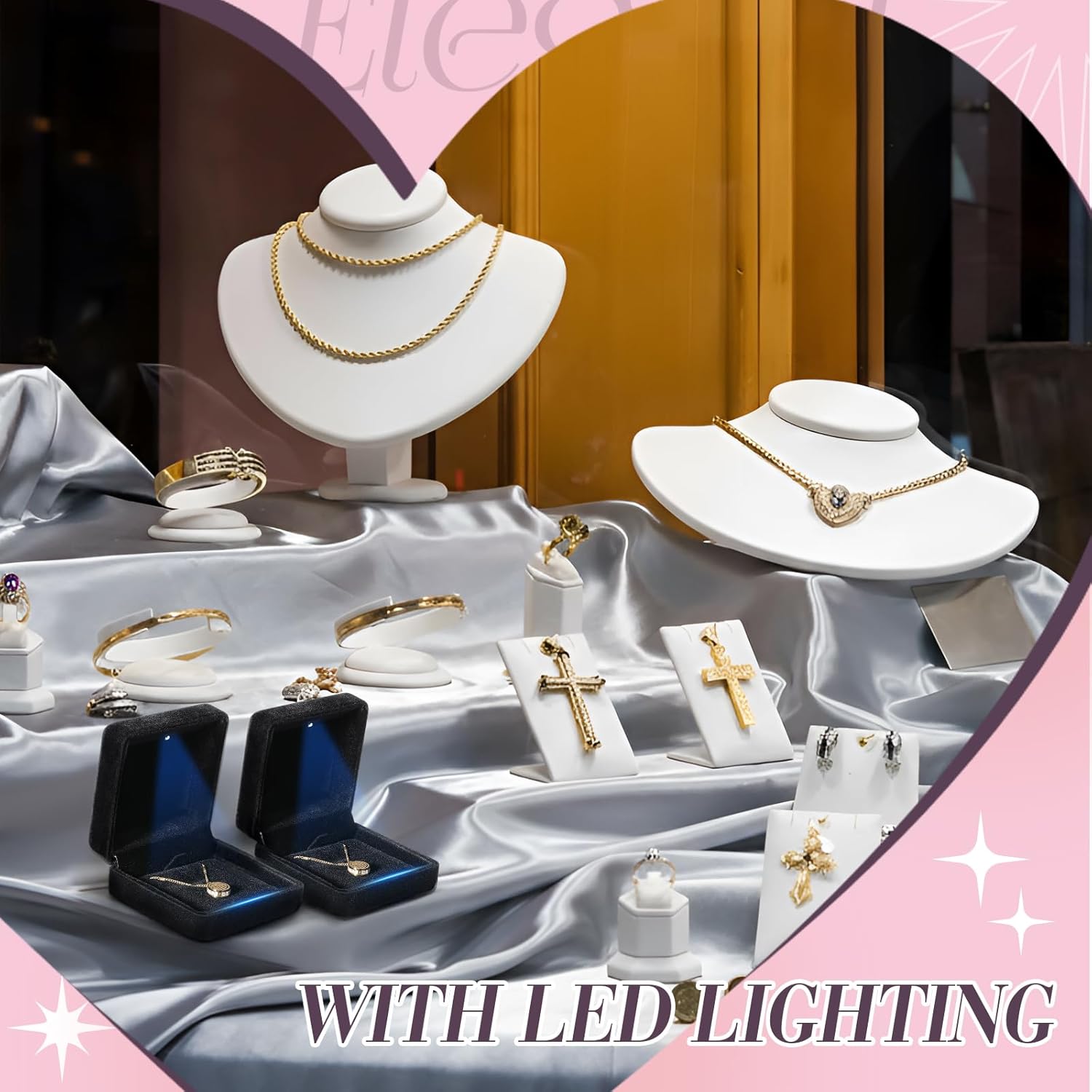 Yinkin 12 Pcs Black Velvet Jewelry Boxes LED Light Display Ring Necklace Bracelet Chain Gift Box Bulk Wedding Proposal Anniversary(Small Pendant Box,Square) - Image 6