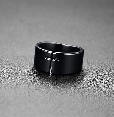 10mm Men's Black Hollow Carved Stainless Steel Cross Ring Christian Band