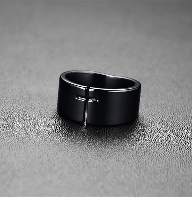 10mm Men's Black Hollow Carved Stainless Steel Cross Ring Christian Band