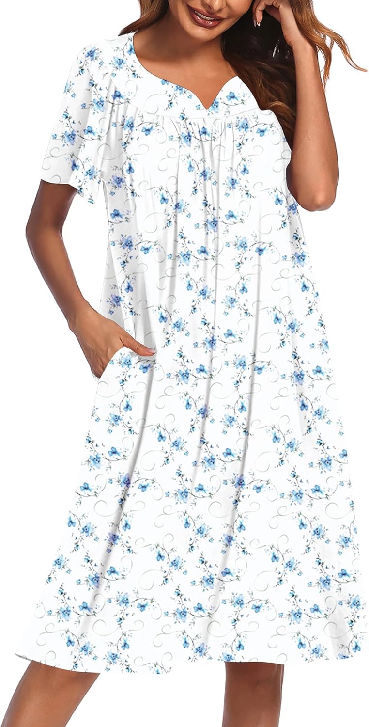 Ekouaer Nightgowns for Women Cotton Nightgown House Dress with Pockets Short Sleeve Mumu Dress Embroidered Lounge Dress