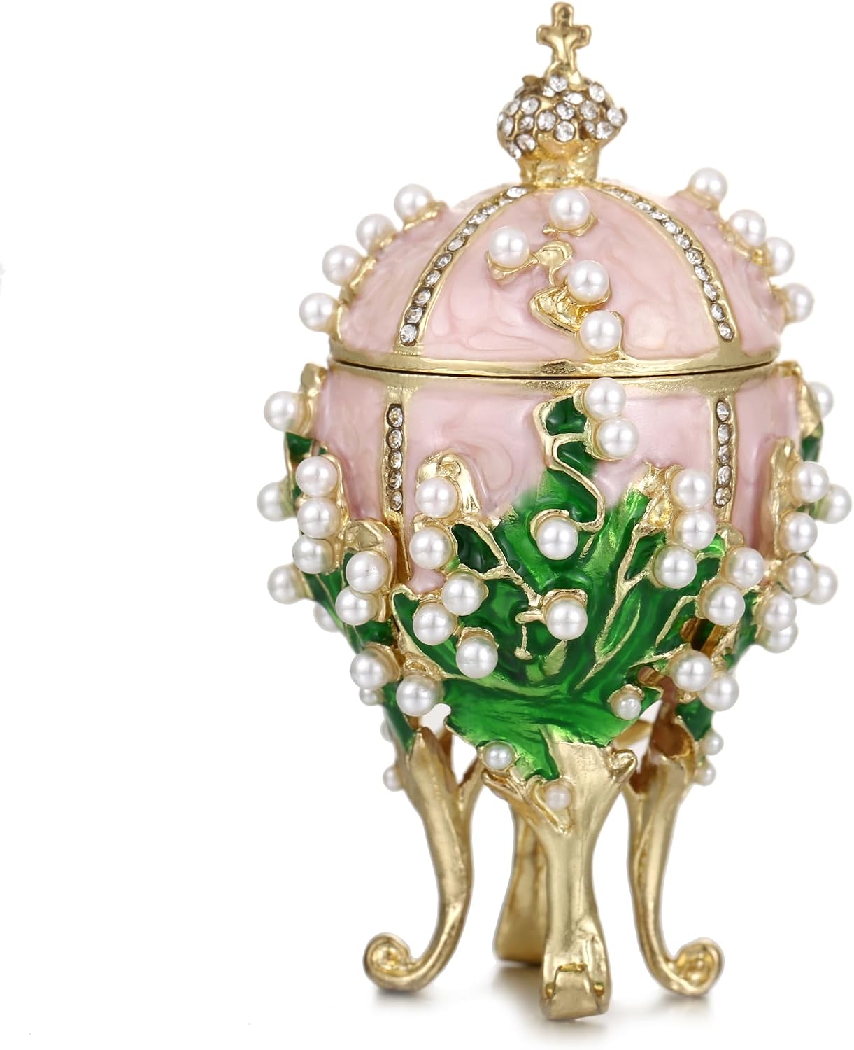 Hand Painted Enamel Pearl Flower Faberge Egg Trinket Box, Unique Hinged Floral Jewelry Box Organizer, Vintage Bejeweled Storage, Figurine Collectible Keepsake Home Decor (Pink)