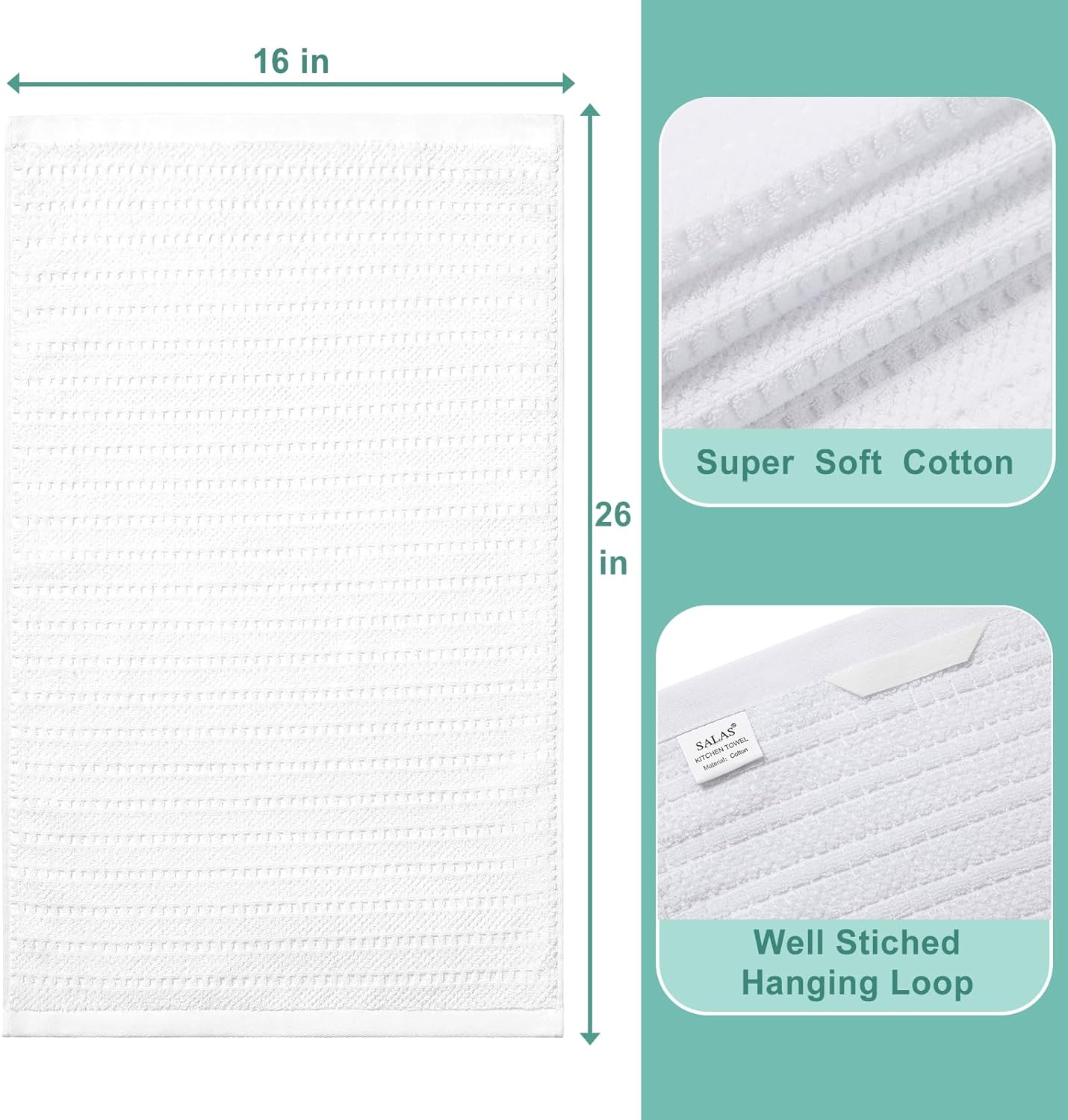 SALAS Kitchen Dish Towels, Bulk Cotton Kitchen Hand Towels, 390 GMS Plaid Dish Cloths Rags for Drying Dishes with Hanging Loop, 16‘’ x 26‘’, 3 Packs, White - Image 2