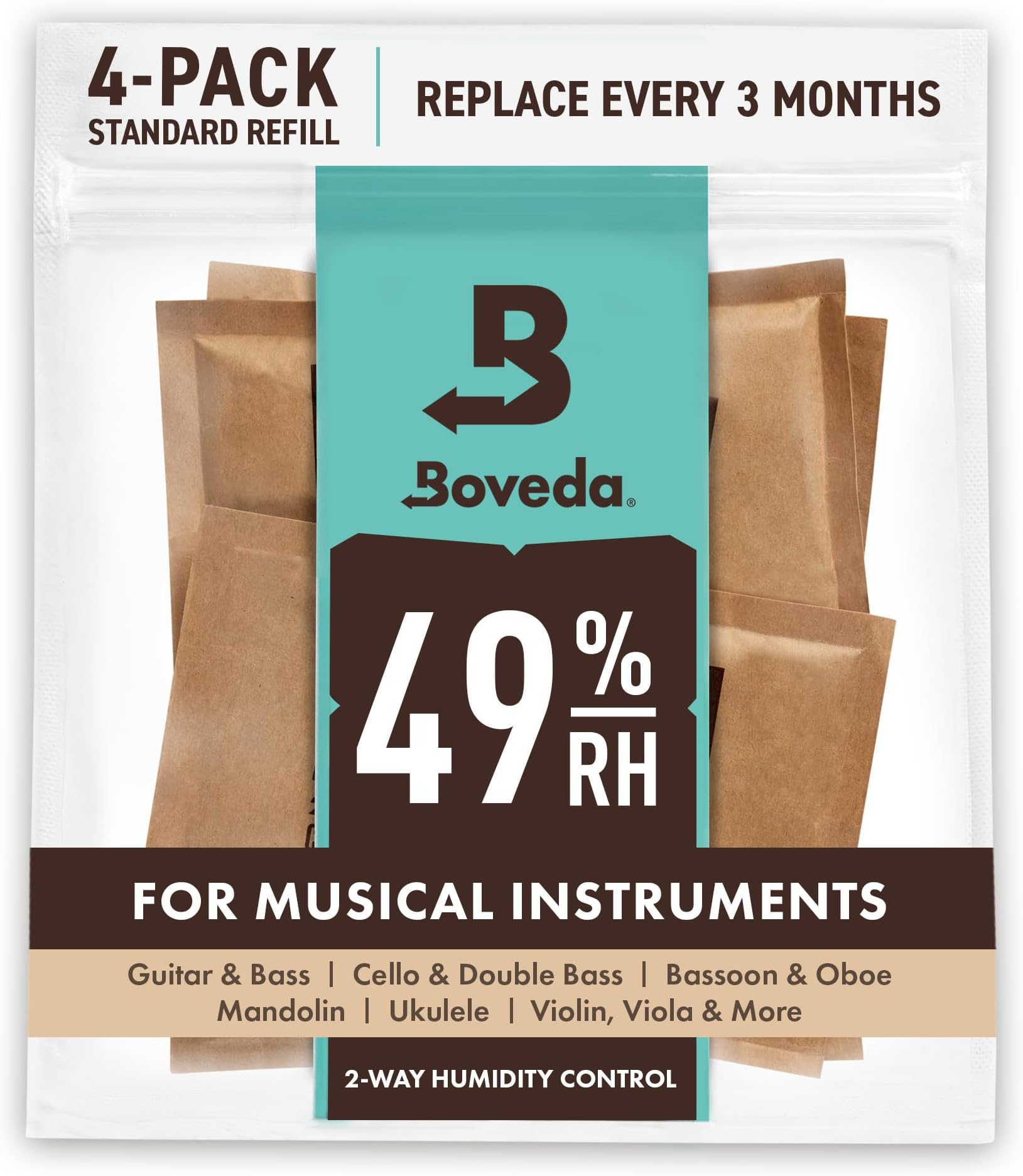 49% Two-Way Humidity Control Packs for Music Instruments – 4 Pack – Standard Size – Prevents Warping & Cracking for Wooden Instruments– Humidifier Packs for Instrument Cases – Resealable Bag
