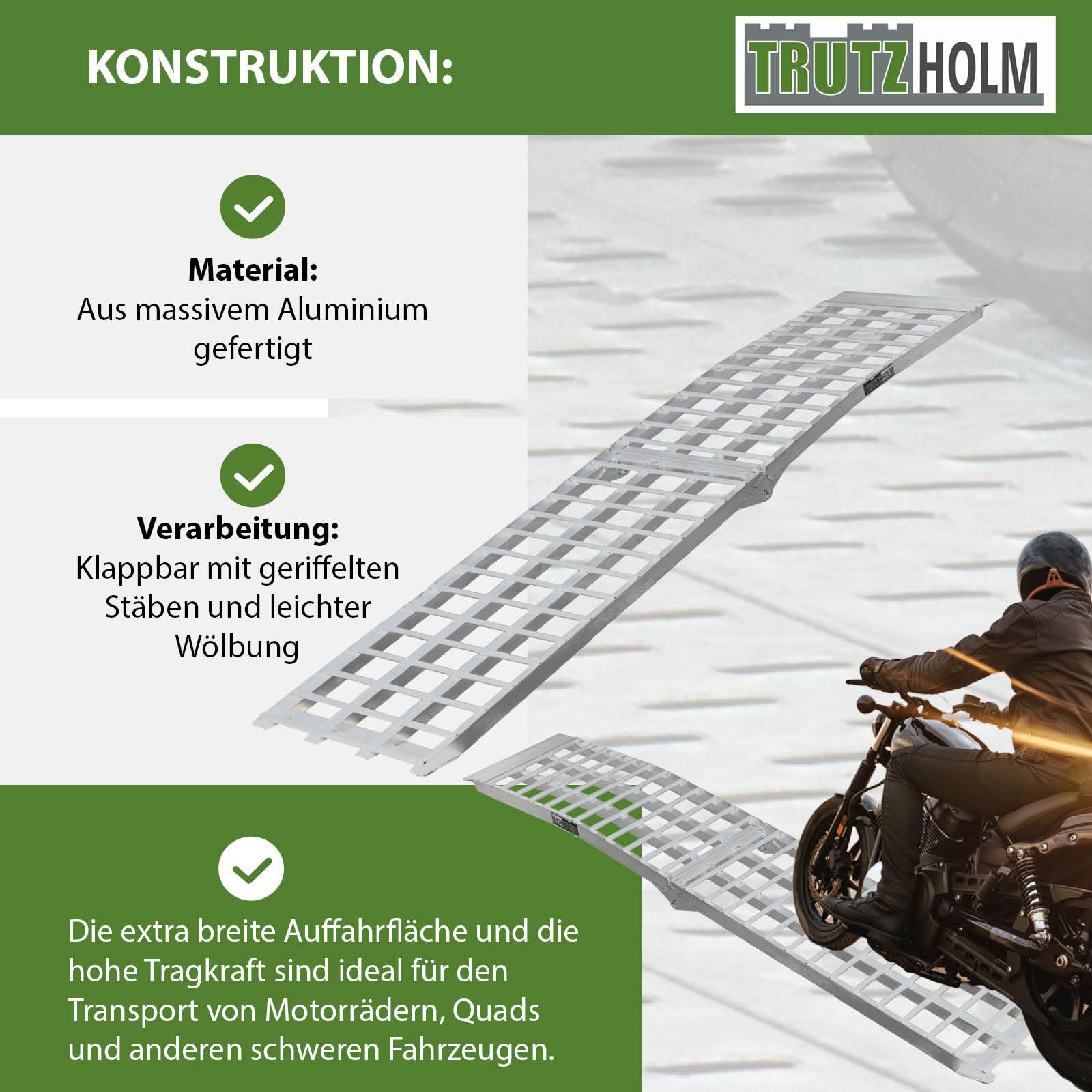 TRUTZHOLM 2 x Auffahrrampen 230 cm 1360 kg Traglast Alu klappbar grau Riffelstab Rampe Verladerampen