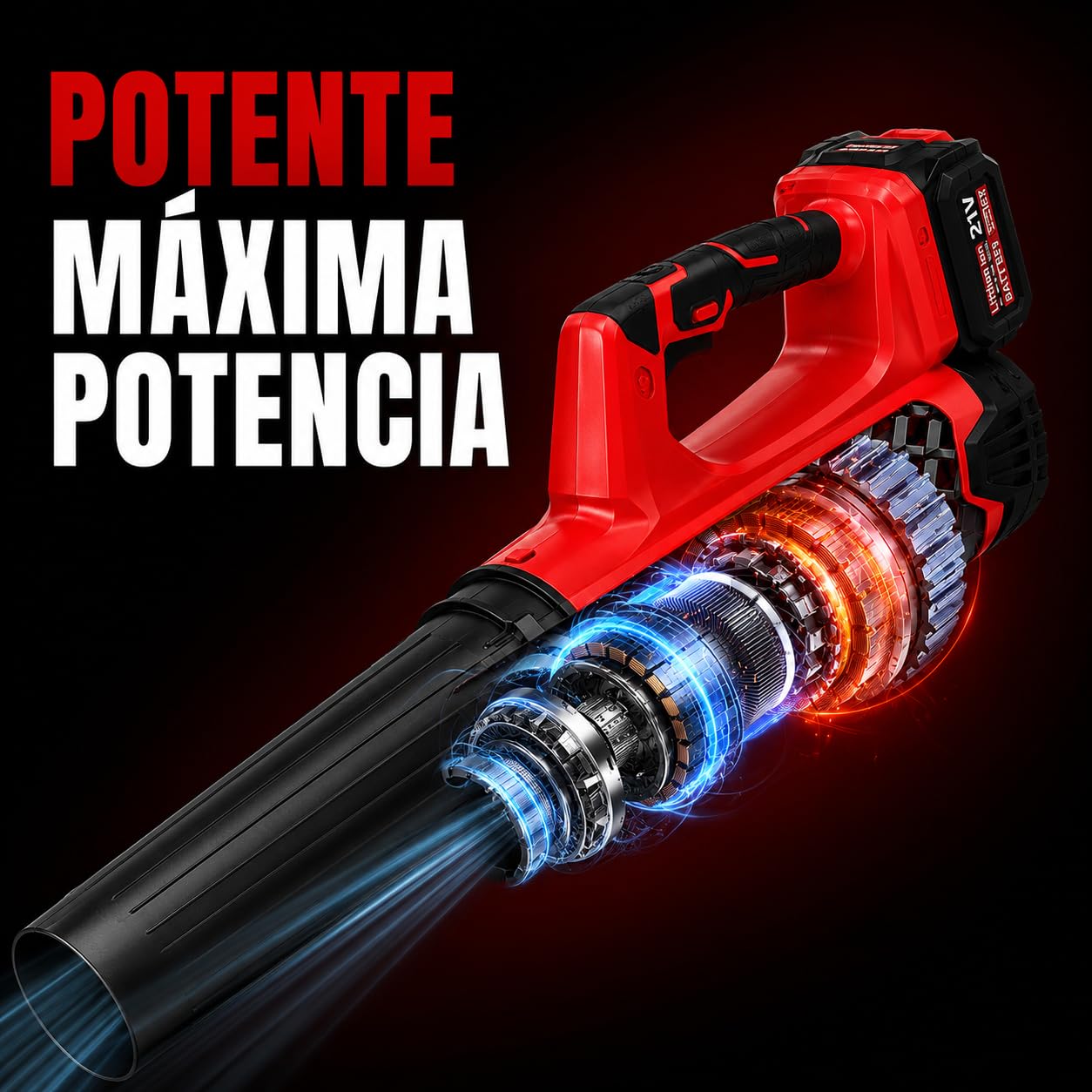 Soffiatore di foglie a batteria da 21 V con 2 batterie da 3000 mAh e caricatore, soffiatore elettrico portatile ad alta potenza, 6 velocità, 2 ugelli per giardino, cortile, garage e officina