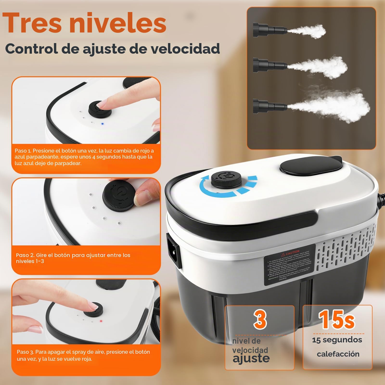 Limpiador a vapor, 2500 W, 3 bar, limpiador a vapor de mano, 1400 ml, depósito de agua, 15 segundos, 3 velocidades, 6 cabezales de cepillo para cocina, ventanas, piso, baño, coche