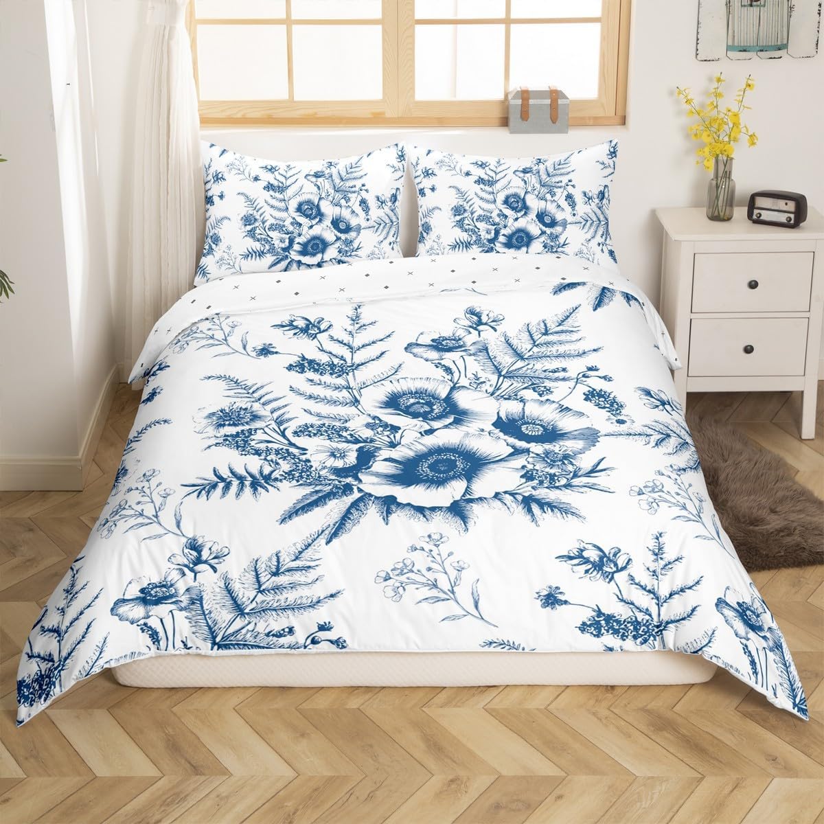 jejeloiu Kids Floral Bedding Set Blue and White Flowers Duvet Cover Toddler Size for Boys Girls Bedroom Decor Botanical Comforter Cover Natural Scenery with 1 Pillow Case,NO Comforter
